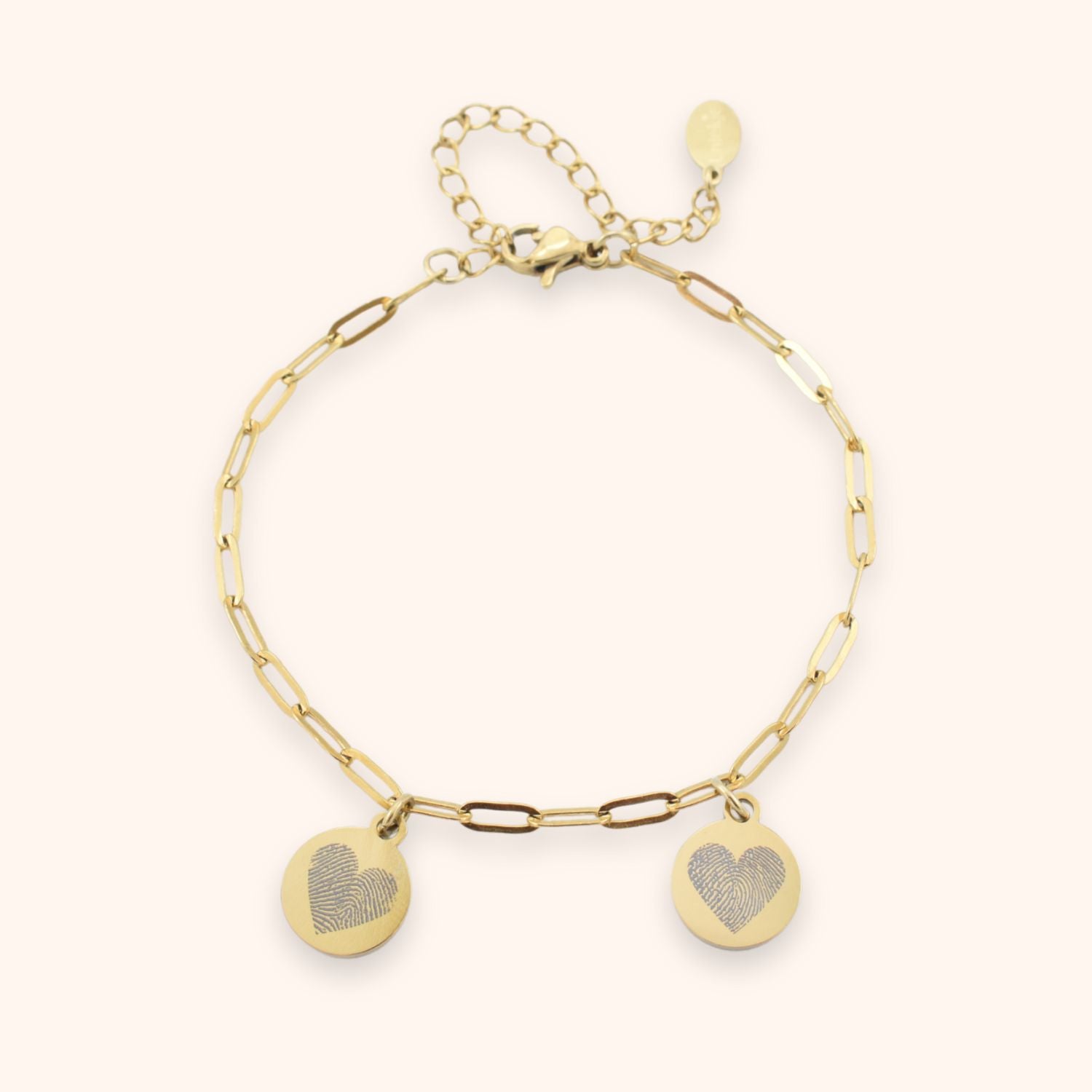 Dames armband gepersonaliseerd met 2 vingerafdrukken op ronde bedels goud