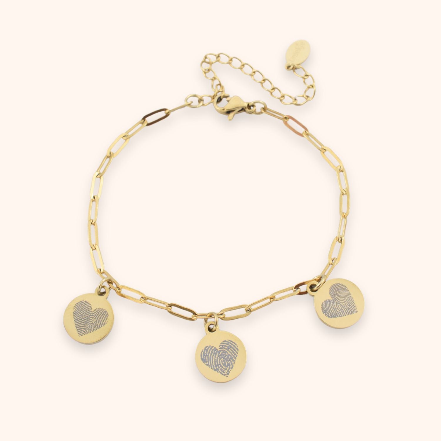 Bedel armband gegraveerd met 3 vingerafdrukken op ronde muntjes goud rvs