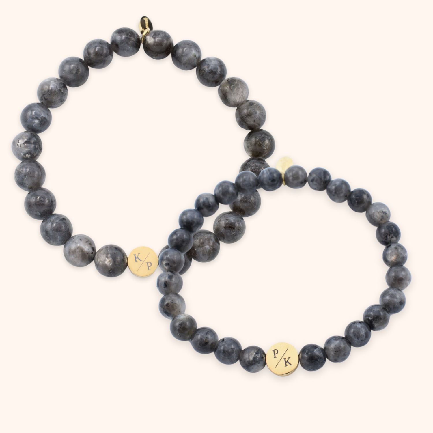 Labradoriet natuursteen armbanden set voor koppels gegraveerd met initialen goud stainless steel