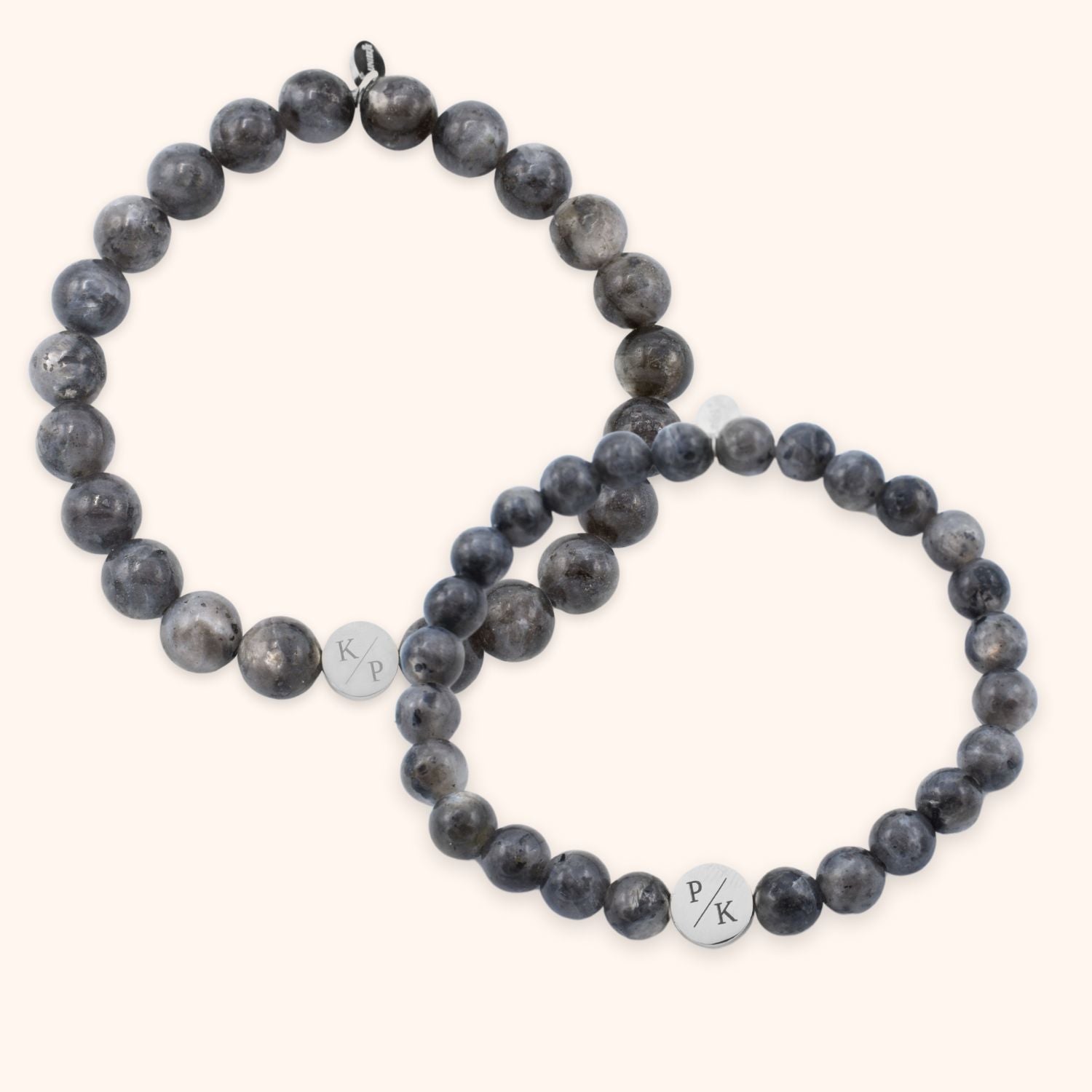 Labradoriet natuursteen armbanden set voor koppels gegraveerd met initialen zilver stainless steel