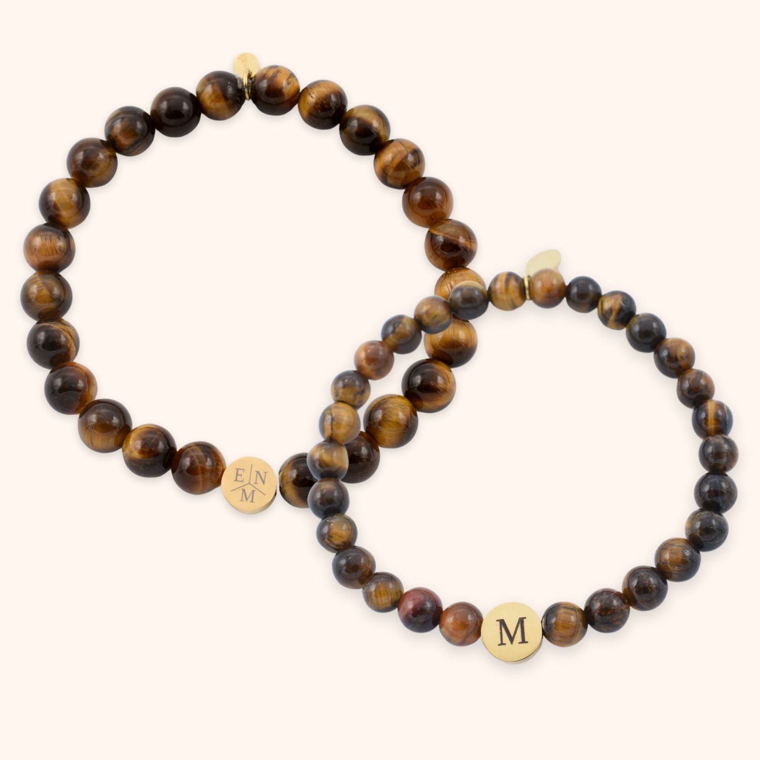 Tijgeroog natuursteen armbanden set voor koppels gegraveerd met initialen goud stainless steel
