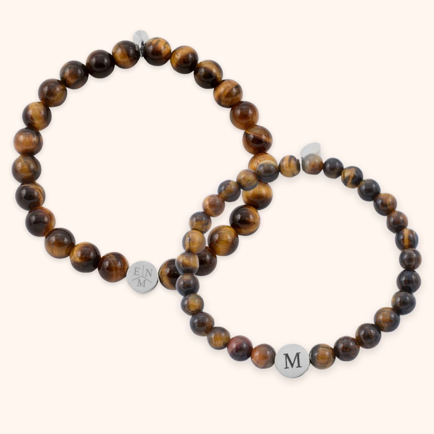 Tijgeroog natuursteen armbanden set voor koppels gegraveerd met initialen zilver stainless steel