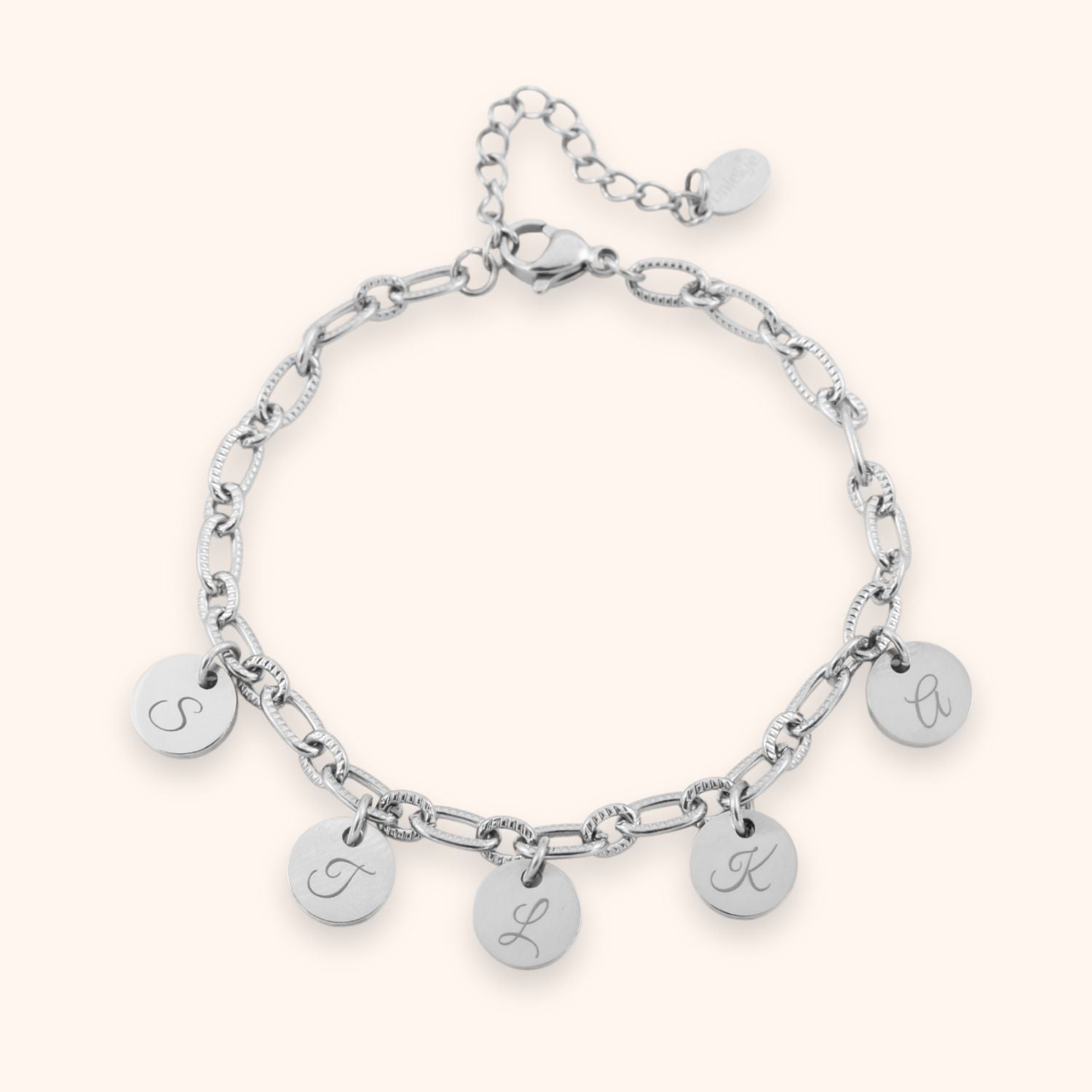 Gepersonaliseerde dames schakelarmband met 5 initialen zilver stainless steel