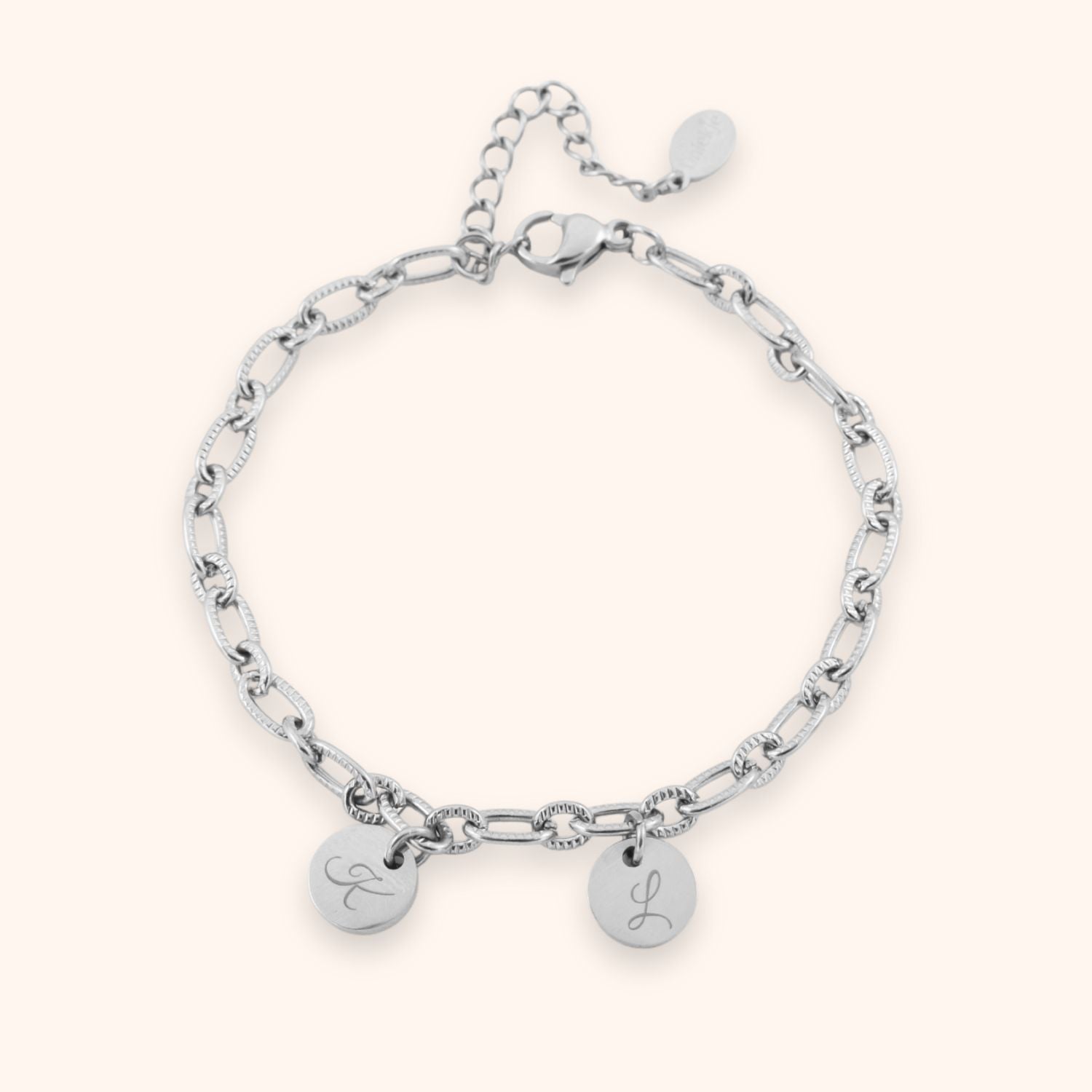 Dames schakelarmband gepersonaliseerd met 2 initialen op muntjes zilver stainless steel