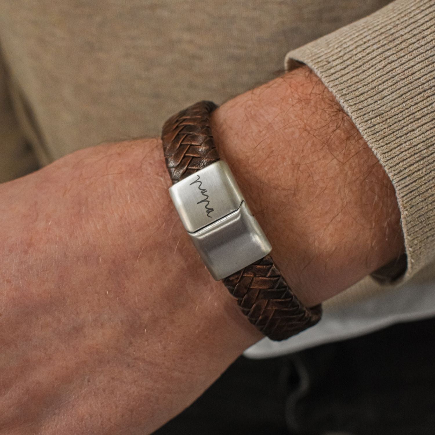 Heren armband leer eigen handschrift