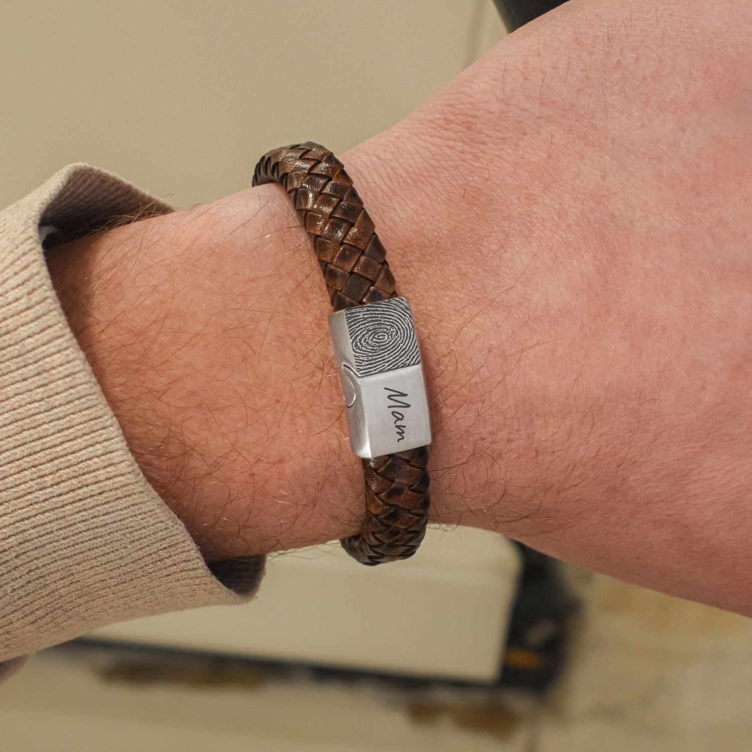 Heren armband leer vingerafdruk