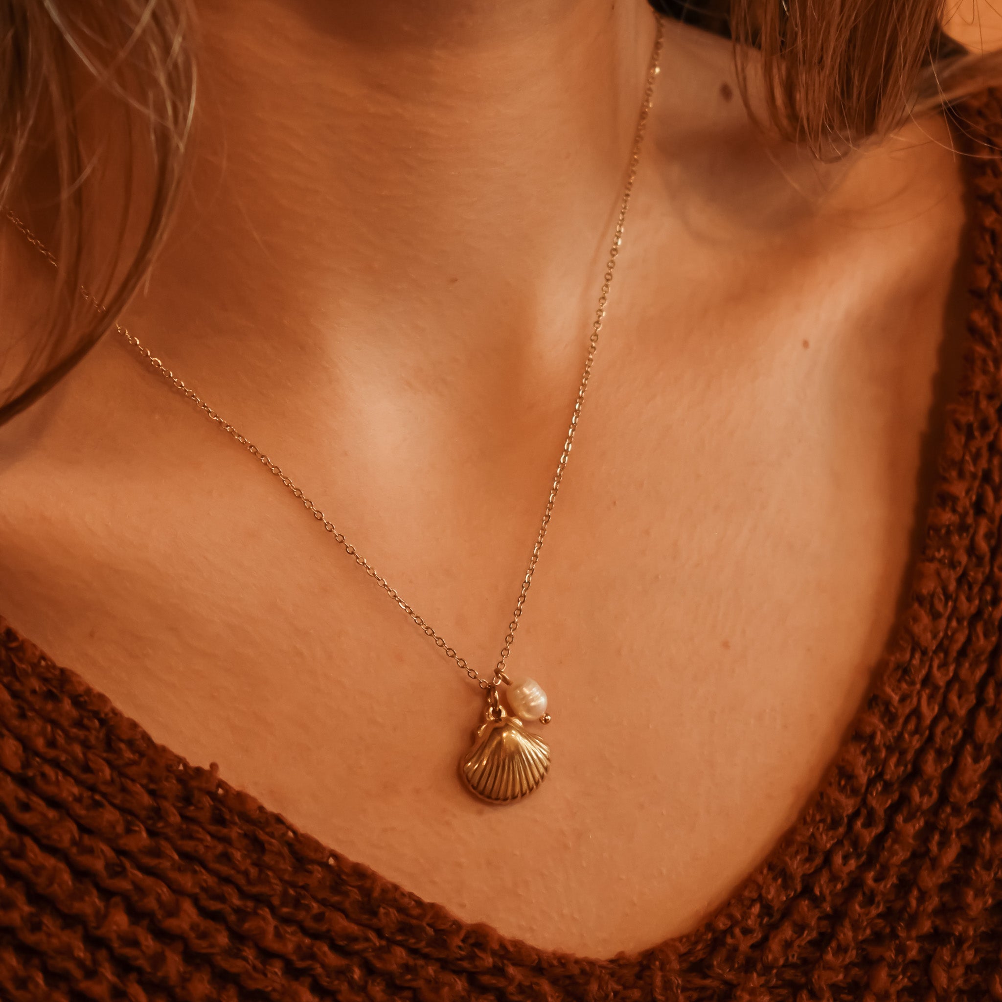 Ketting schelp hanger en parel goud stainless steel