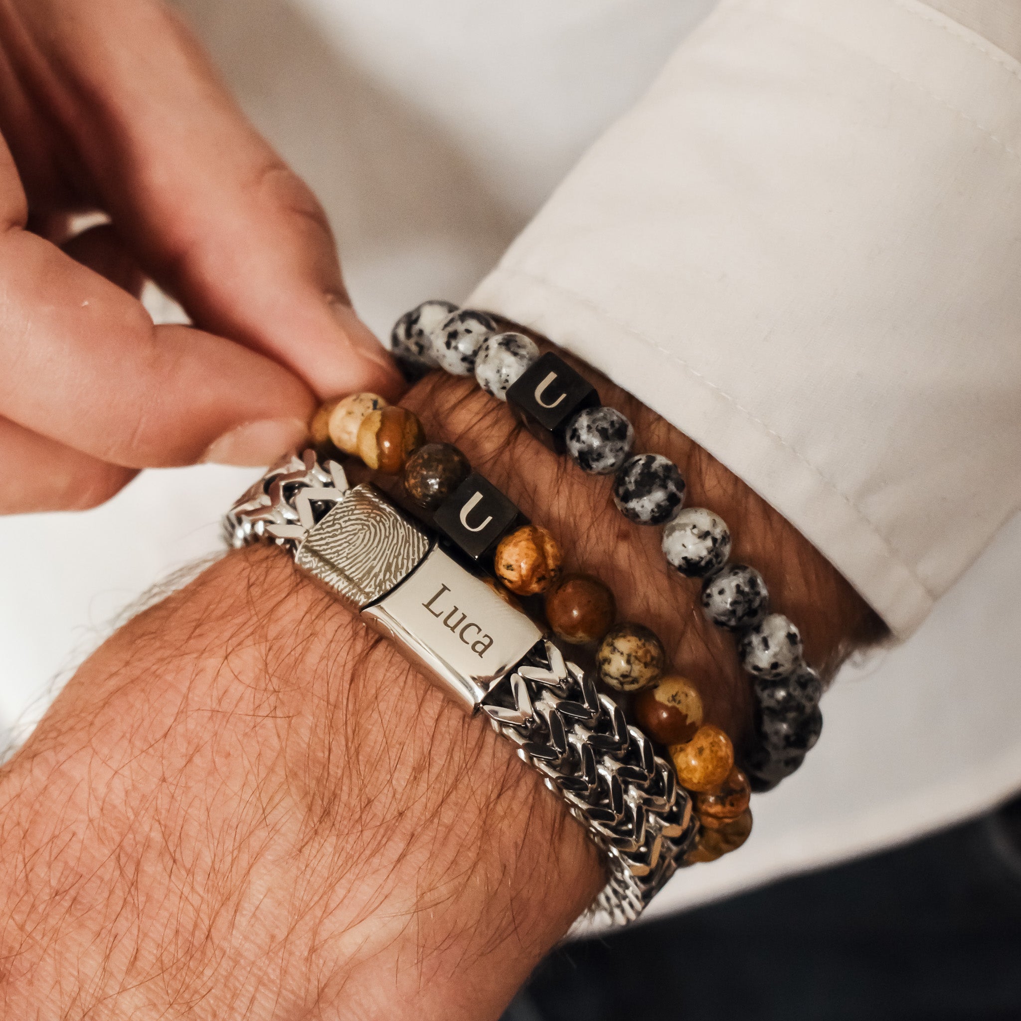 Heren schakelarmband vingerafdruk naam stainless steel