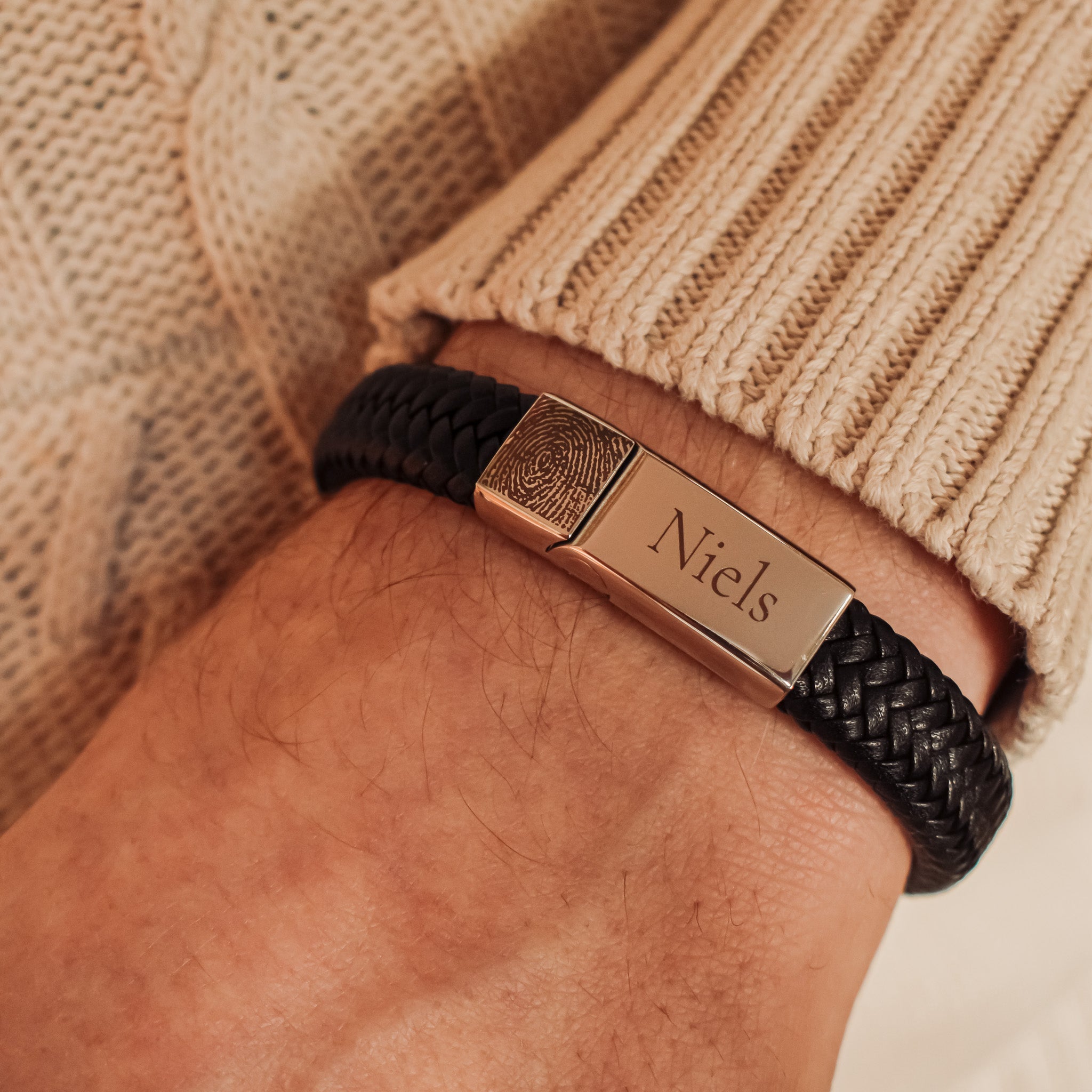 Vingerafdruk armband voor mannen leer zwart