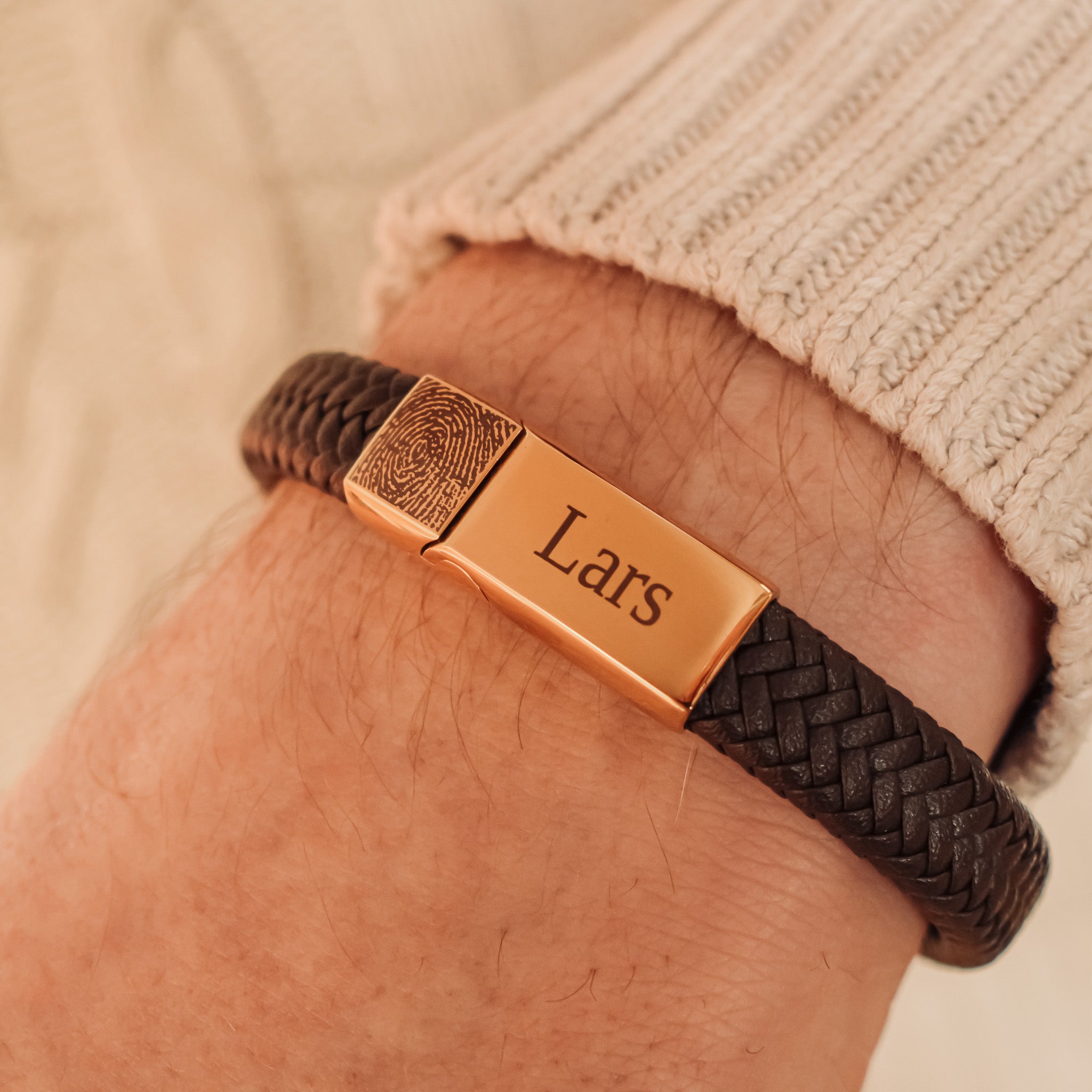 Vingerafdruk armband voor mannen leer bruin goud