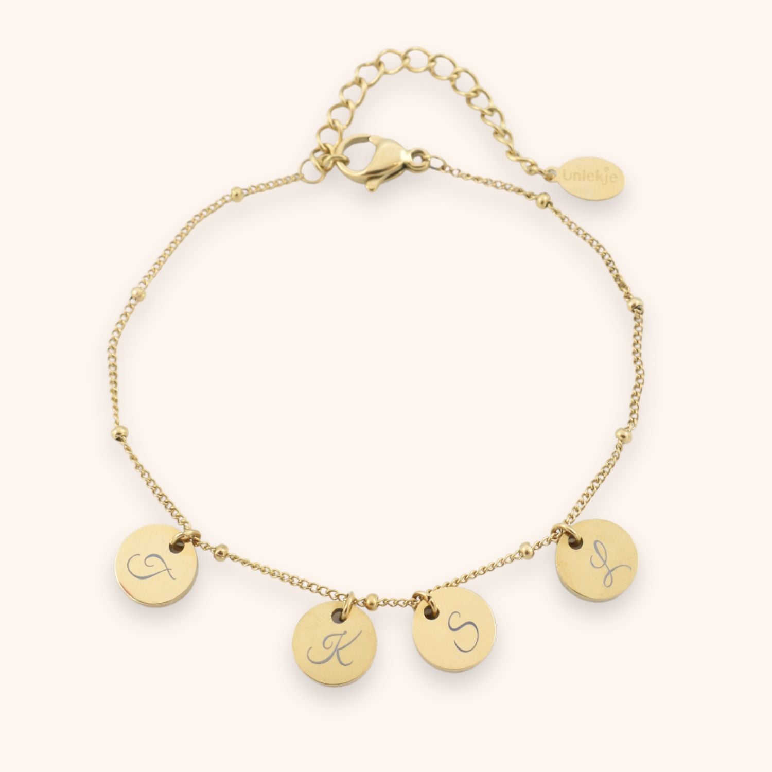 Gepersonaliseerde armband initialen 4 letters kleur goud stainless steel