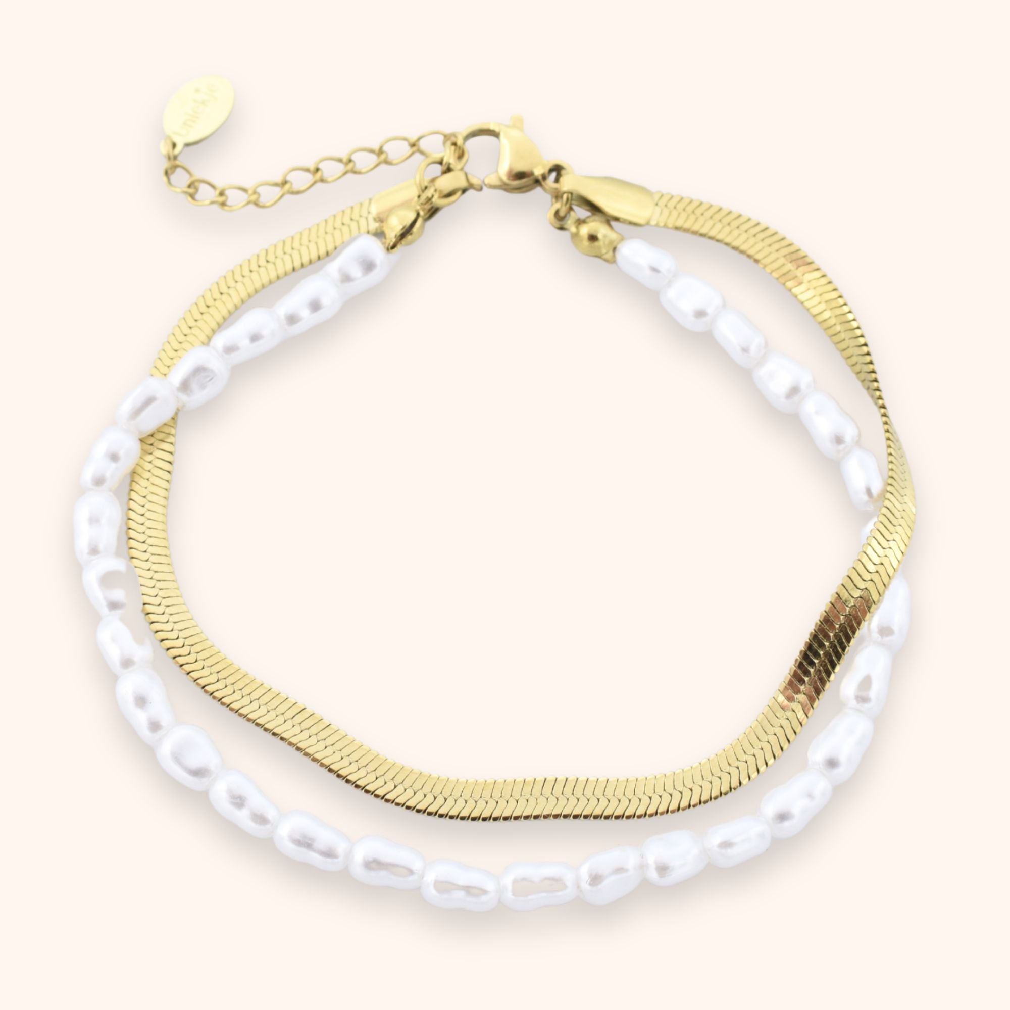 Dubbele parel armband imitatie dames kleur goud stainless steel