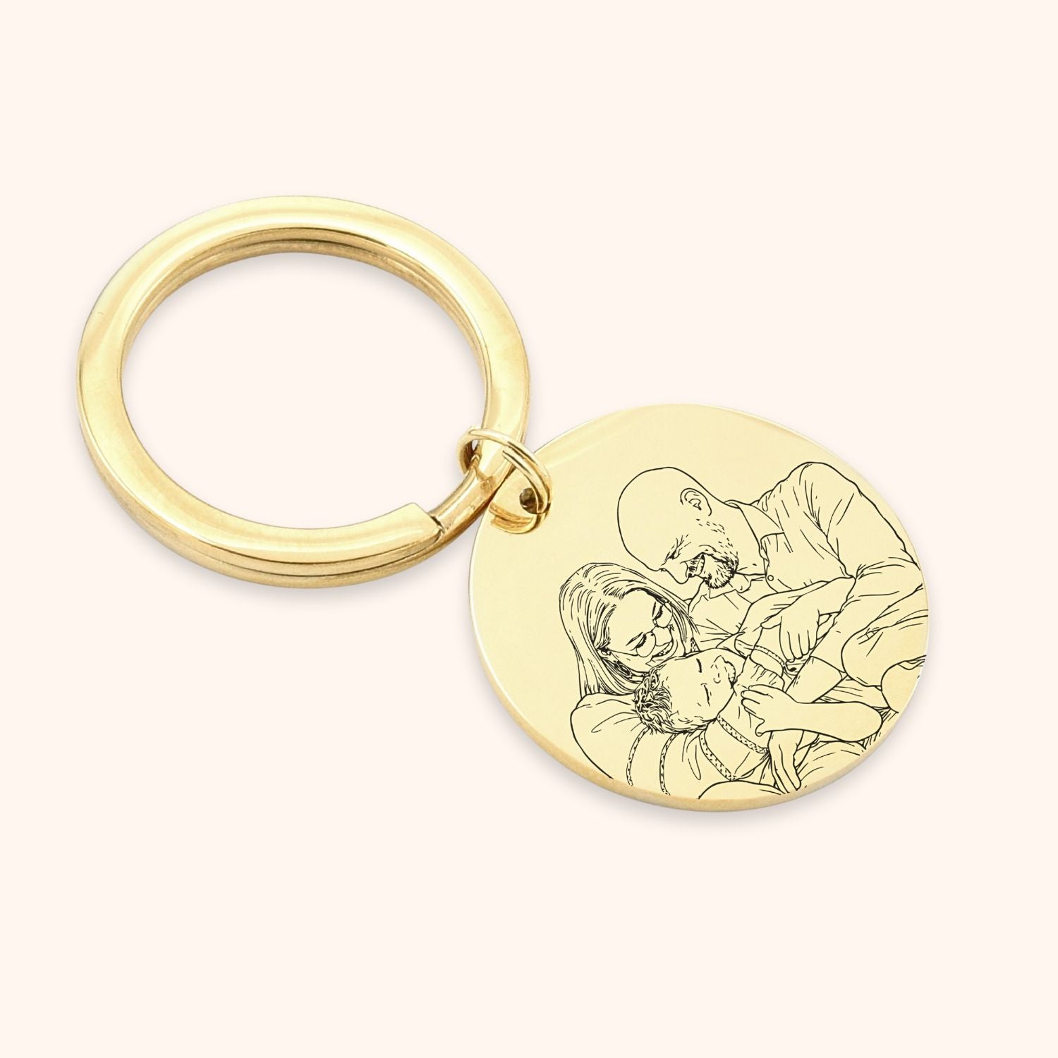 Foto graveren op sleutelhanger met lijntekening kleur goud rvs