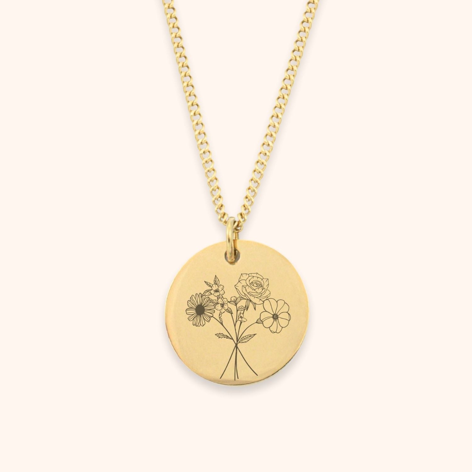 Gepersonaliseerde geboortebloem boeket ketting gegraveerd met 2 tot 4 bloemen goud, rvs