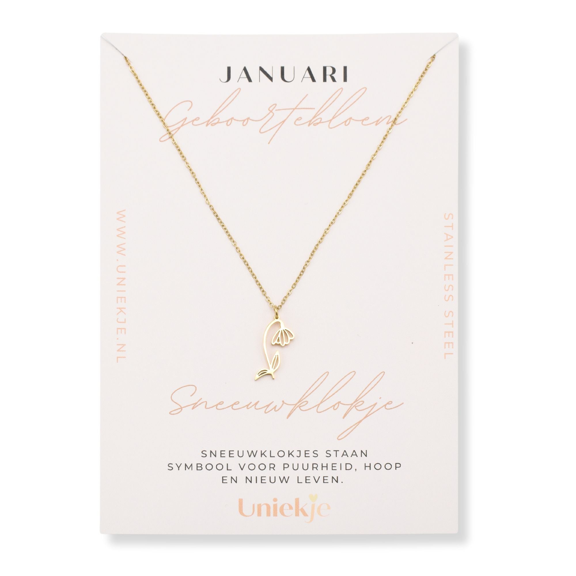 Geboortebloem ketting januari sneeuwklokje goud stainless