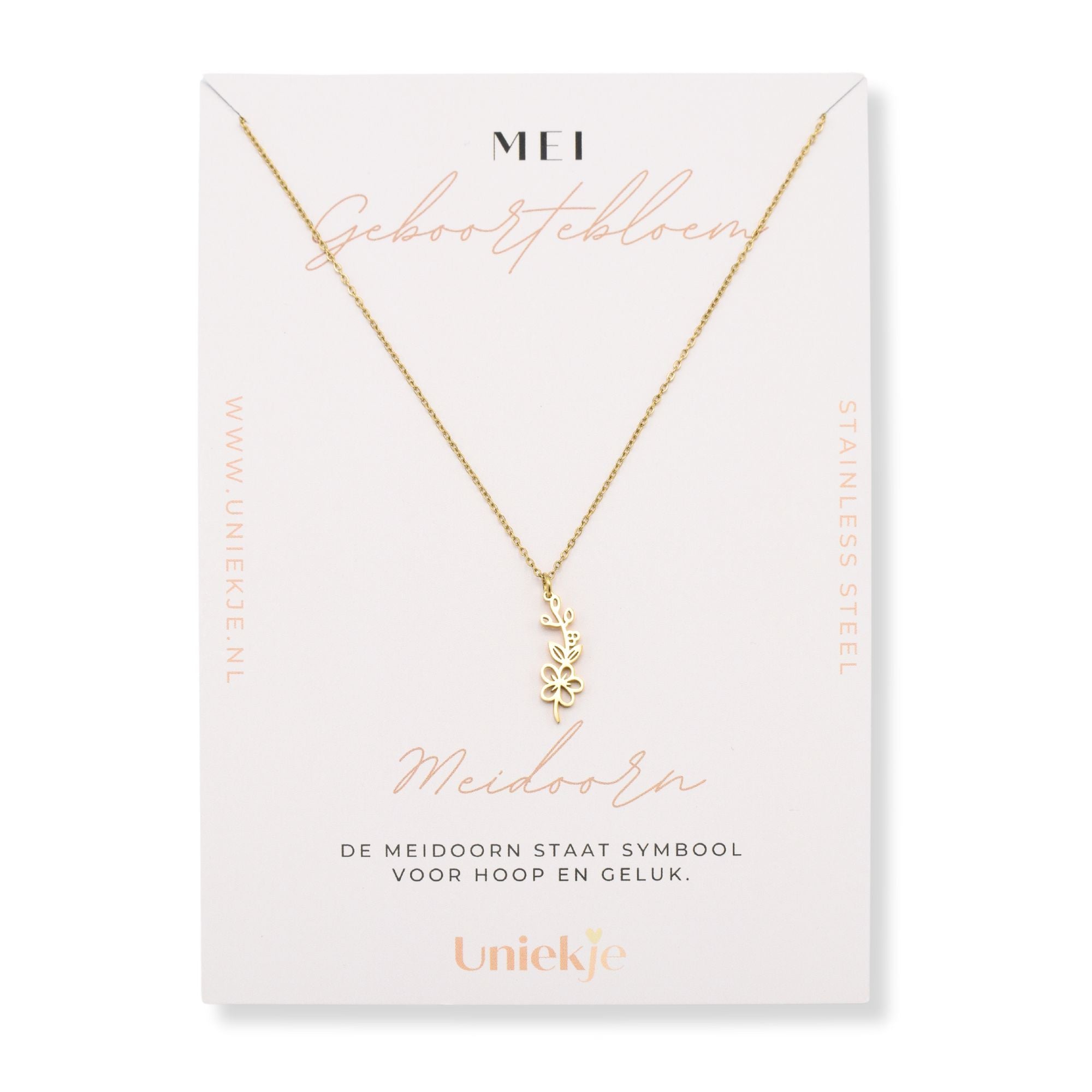 Geboortebloem ketting mei meidoorn goud stainless steel