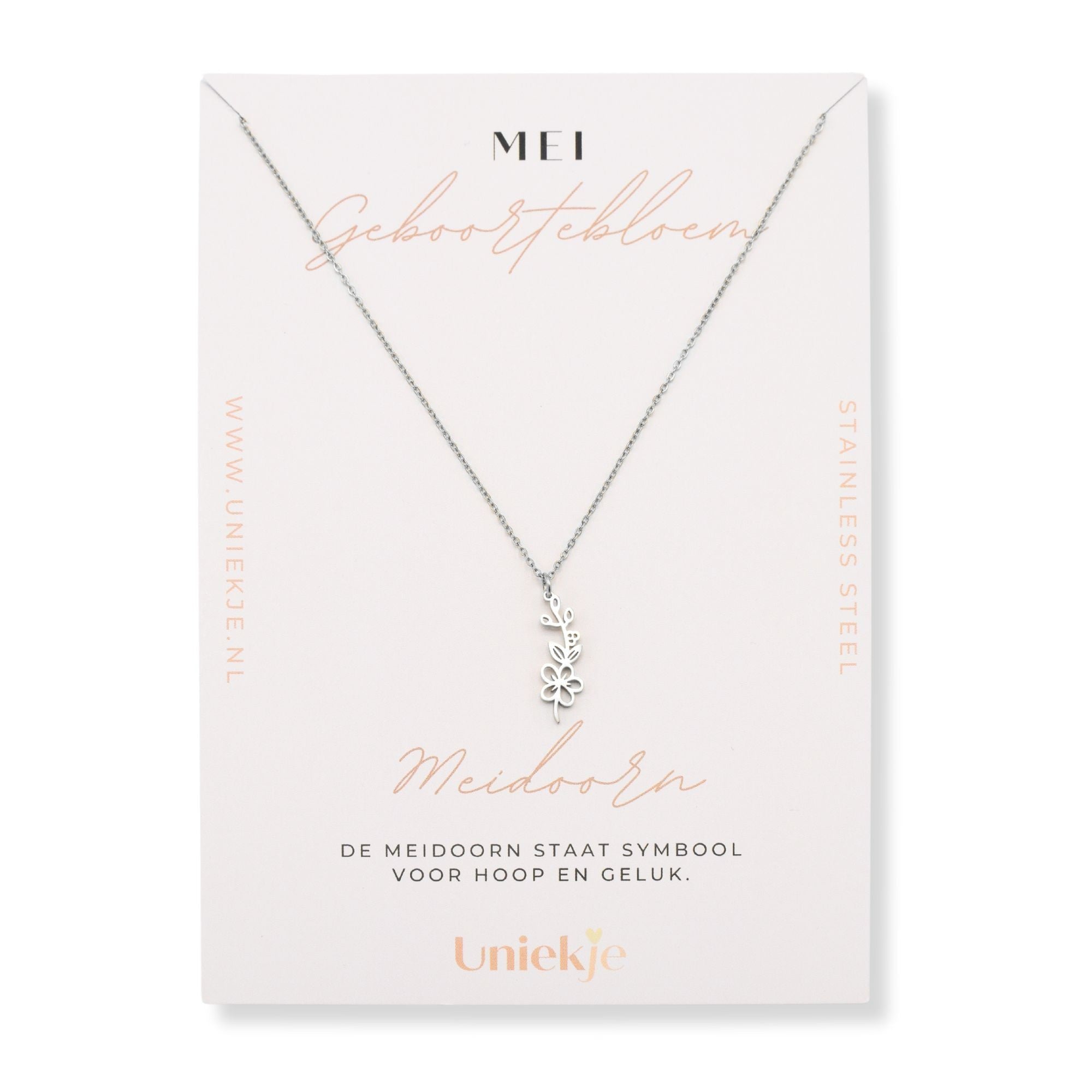 Geboortebloem ketting mei meidoorn zilver stainless steel