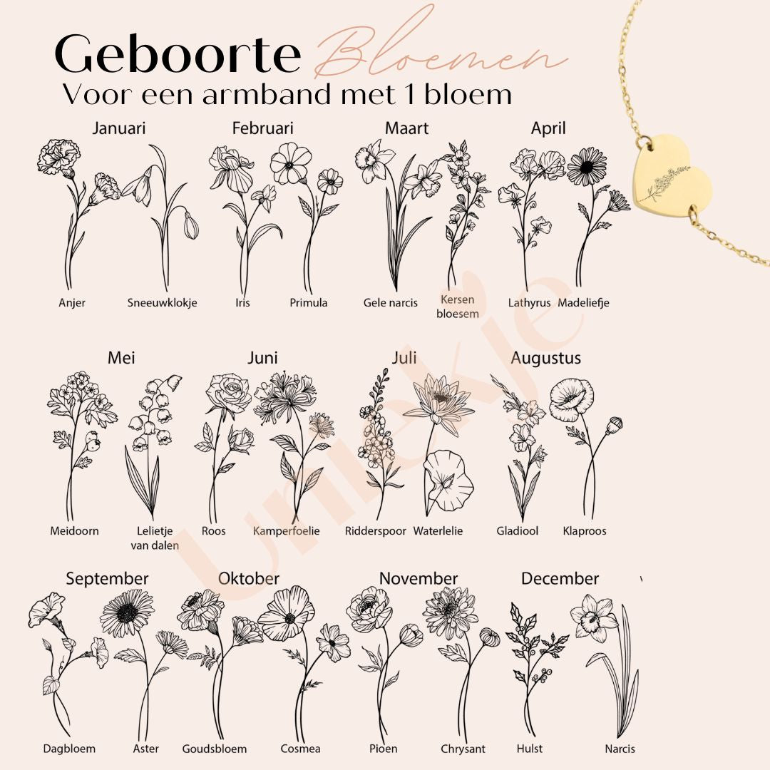 Hart armband geboortebloemen