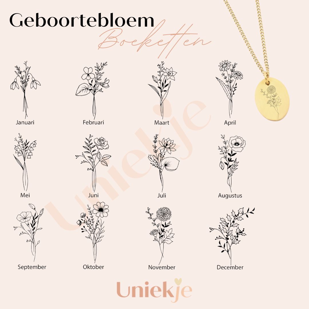 Ovale geboortebloem boeket ketting