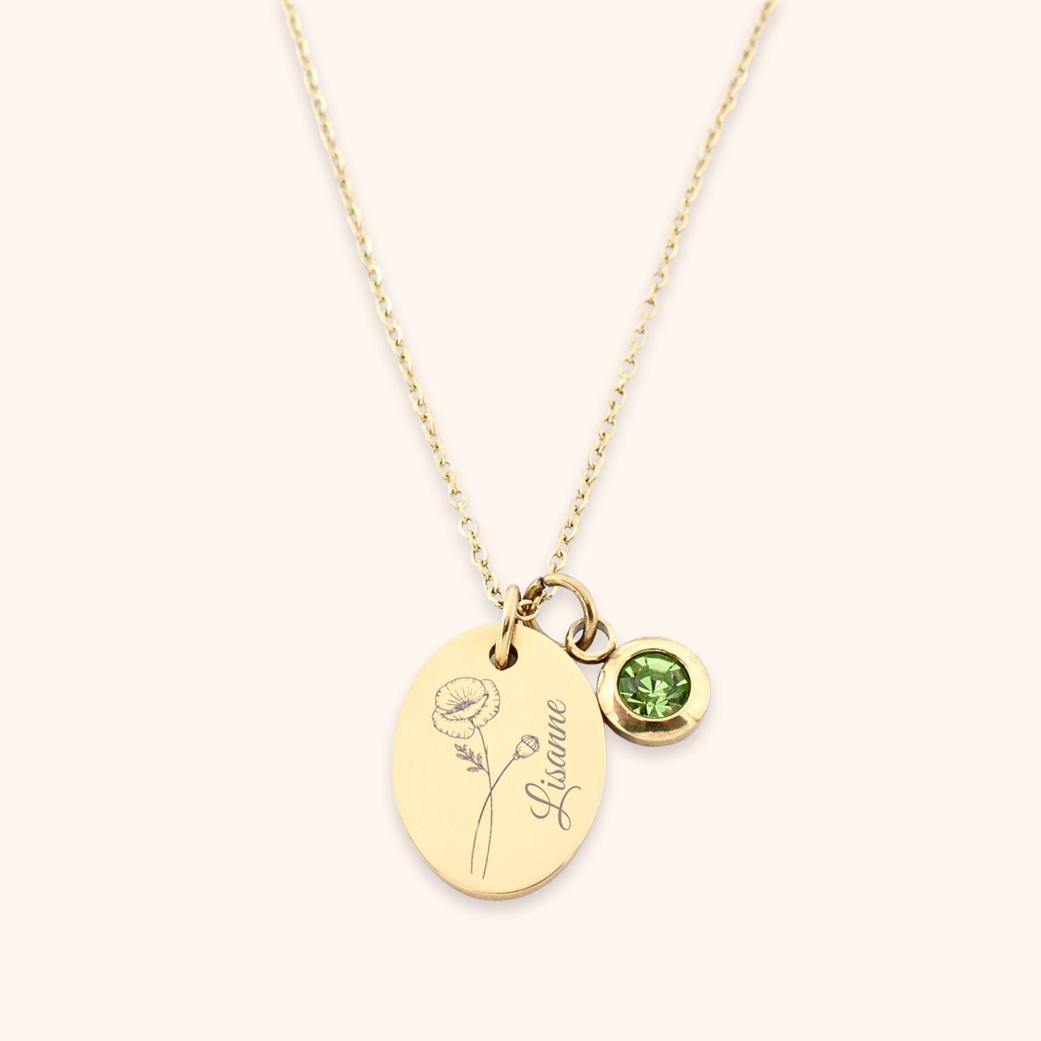 Geboortesteen ketting met geboortebloem en naam goud