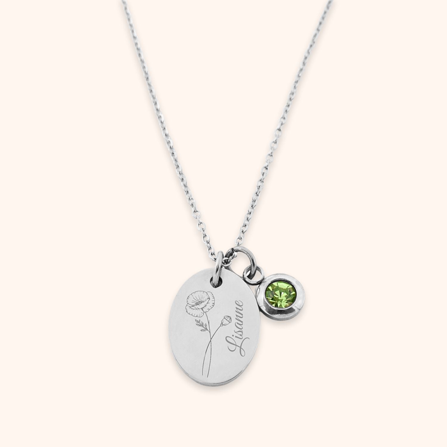 Geboortesteen ketting met geboortebloem en naam zilver