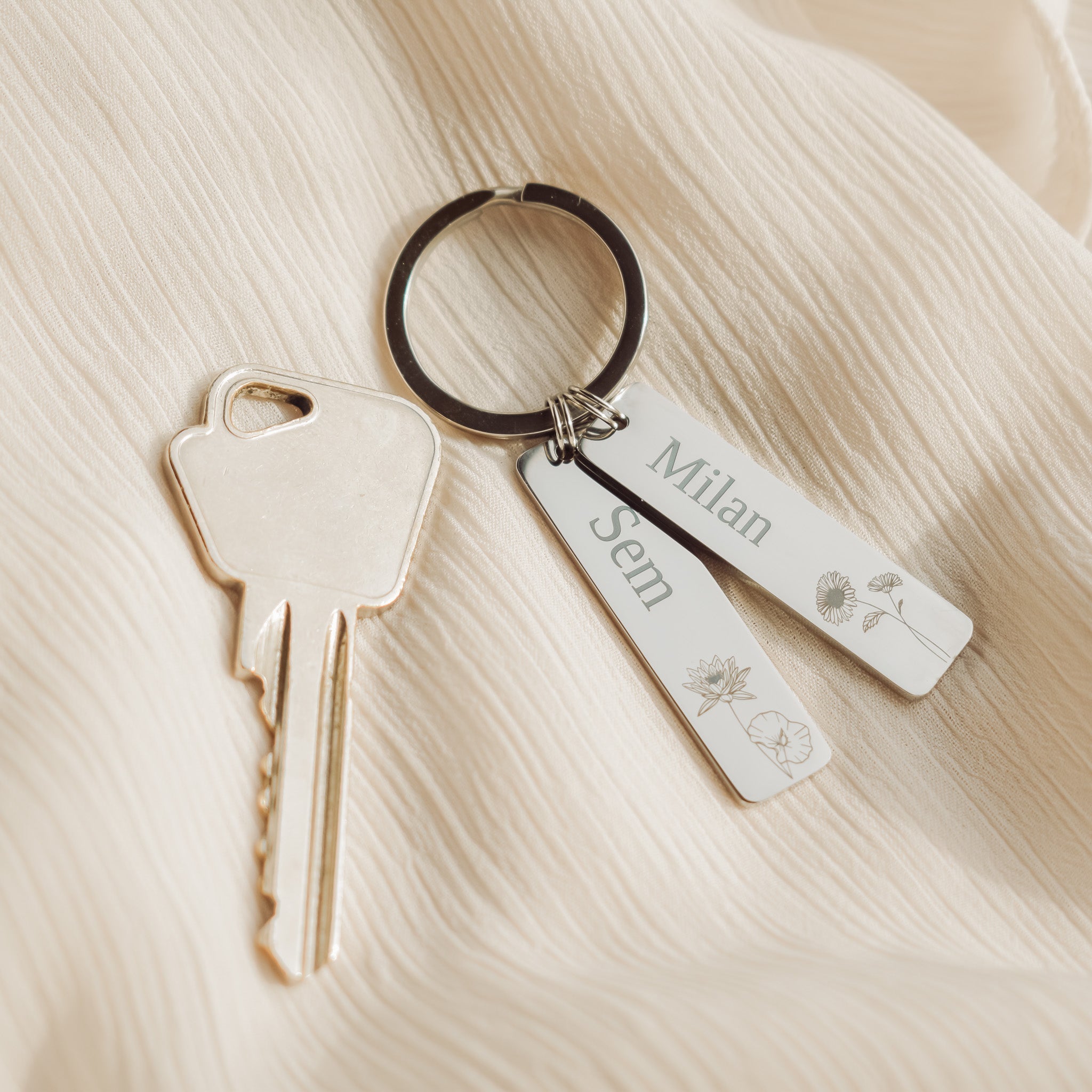 sleutelhanger met 2 namen en geboortebloemen zilver