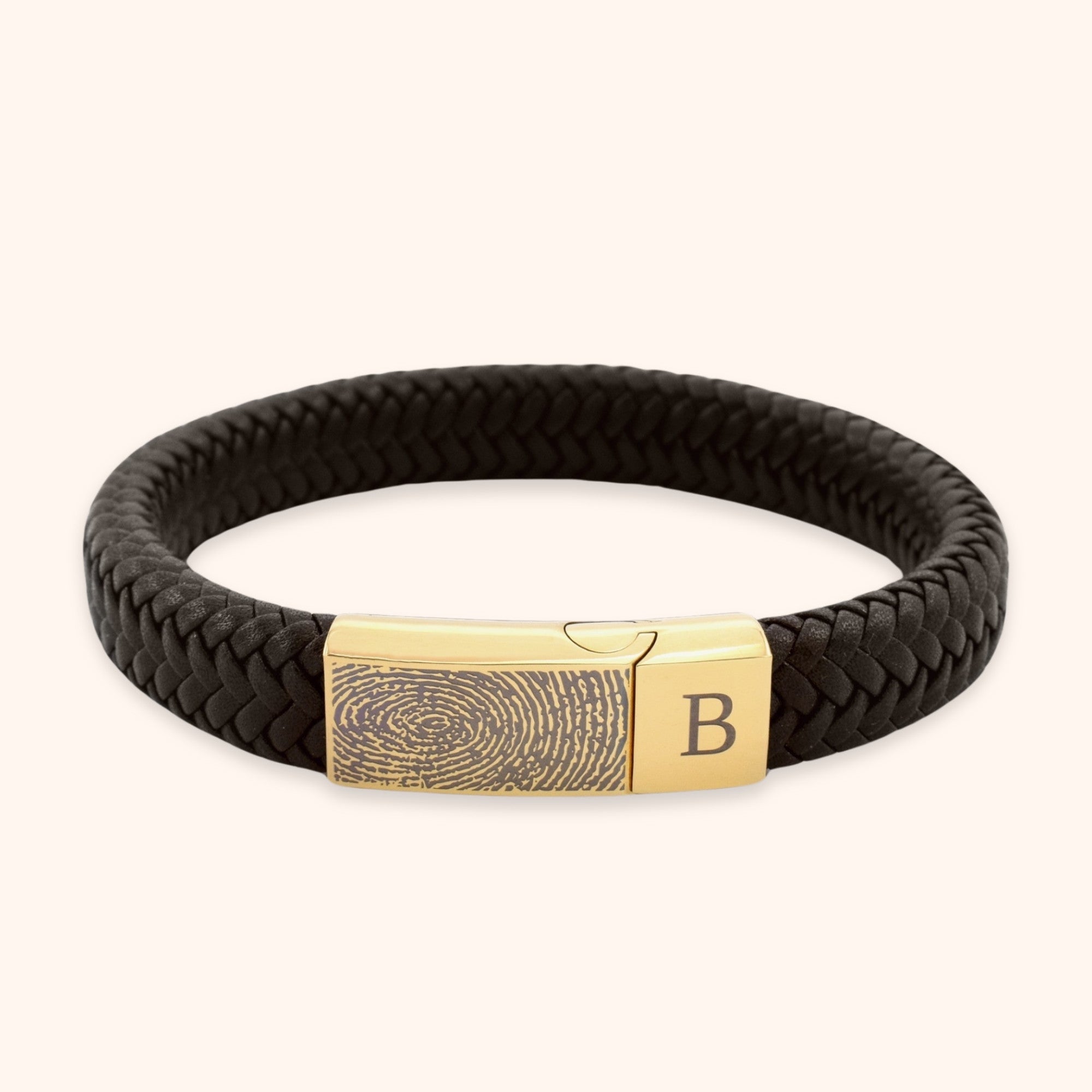 Gegraveerde vingerafdruk armband heren leder zwart goud