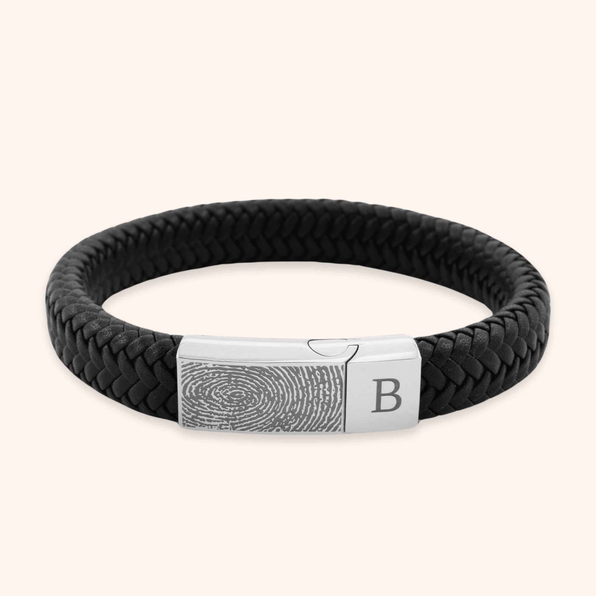 Gegraveerde vingerafdruk armband heren leder zwart