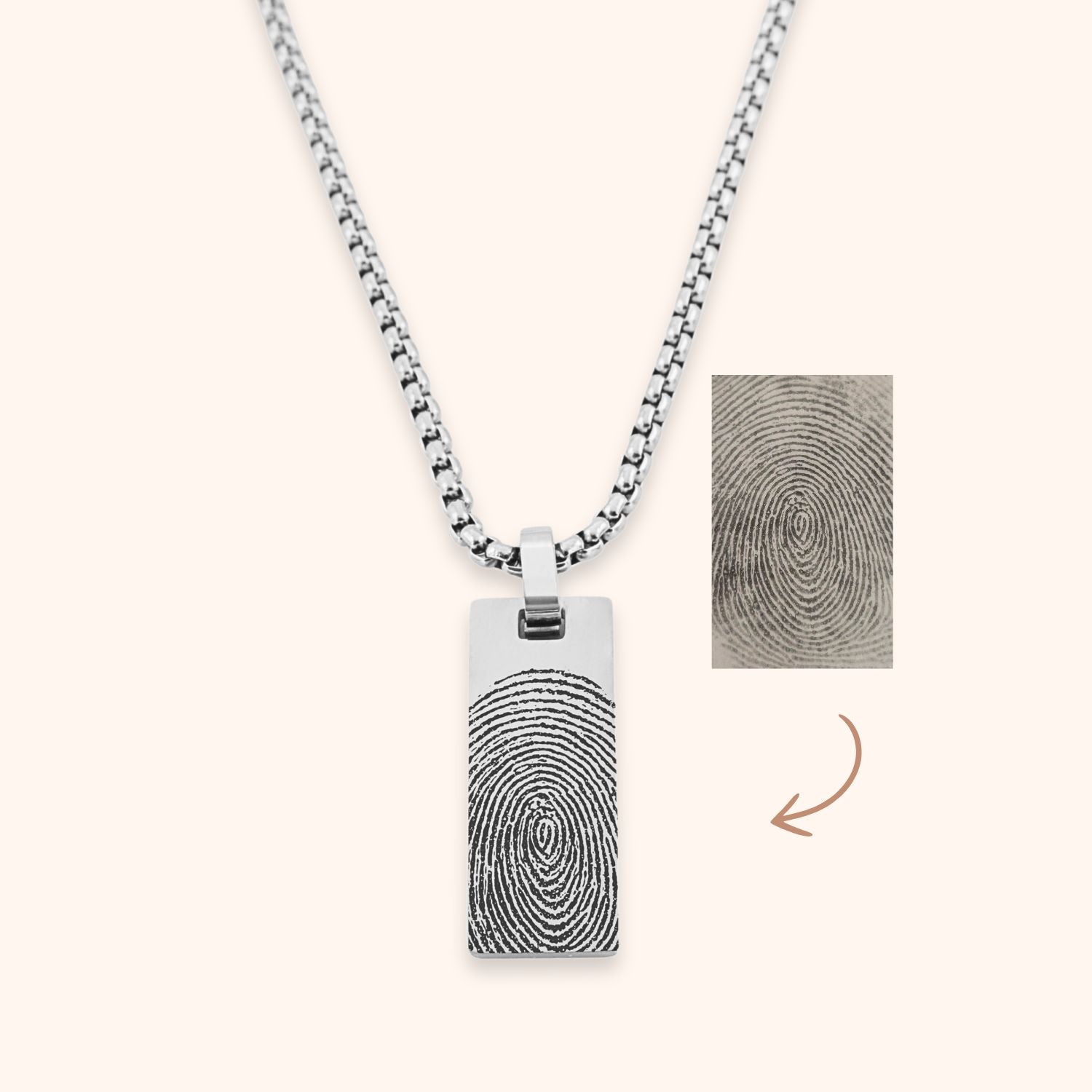 Gepersonaliseerde vingerafdruk ketting voor heren op rechthoekige hanger, zilver stainless steel