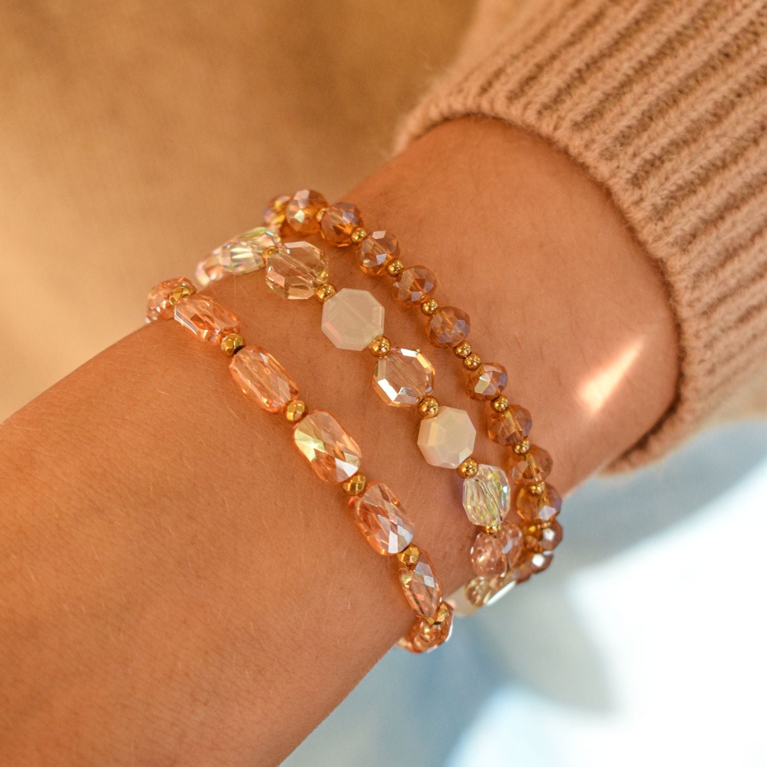 Kralen armband achthoek beige roze