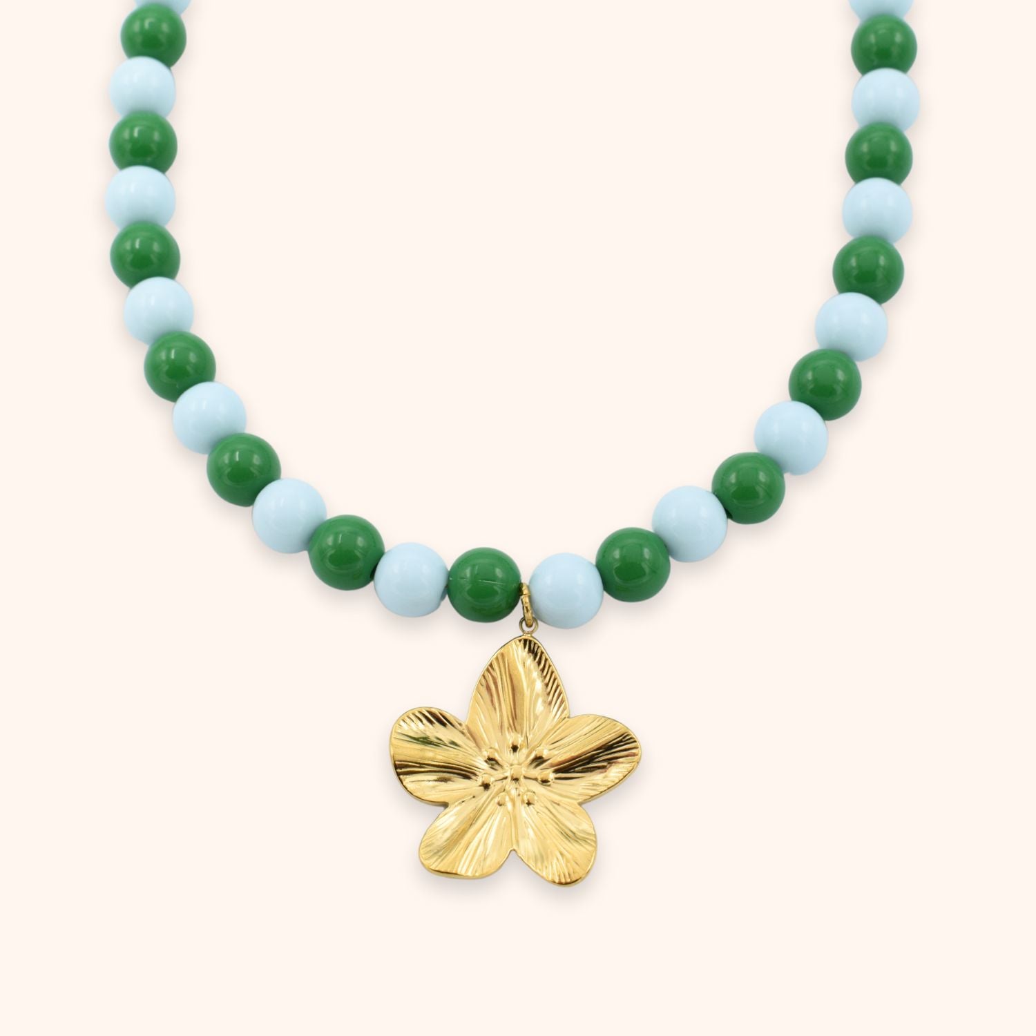 Kralen ketting bloem groen & blauw