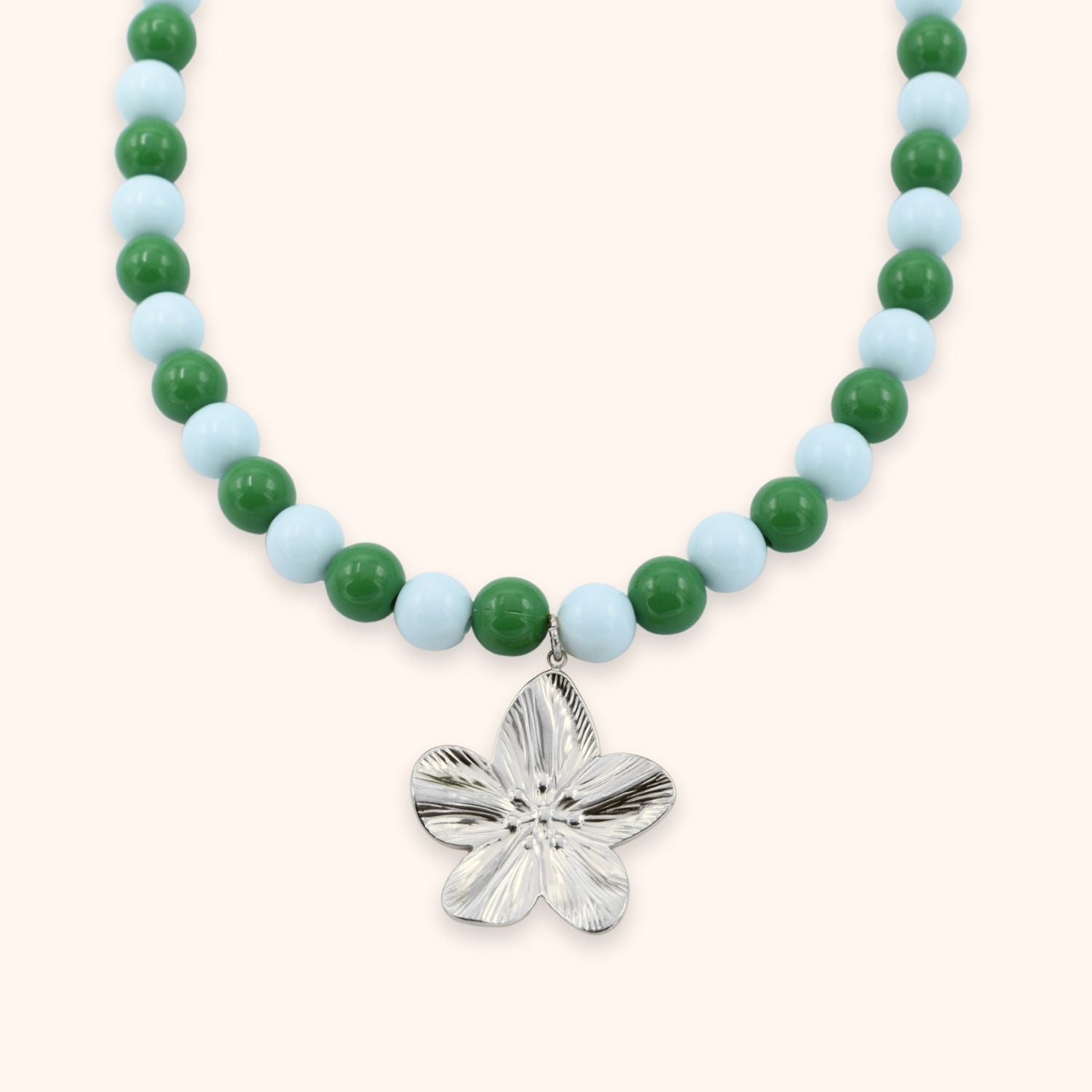 Kralen ketting bloem groen & blauw