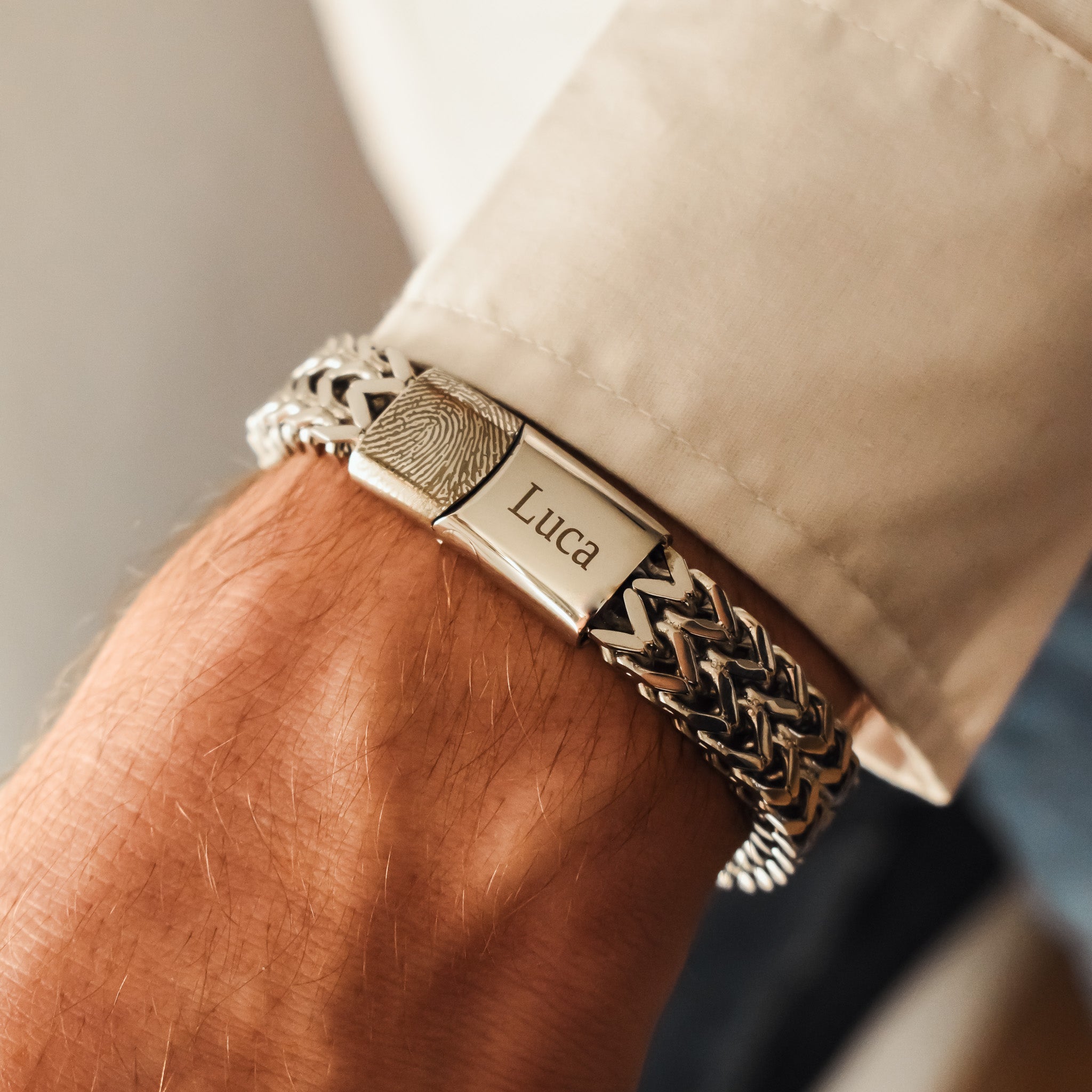 Heren schakelarmband vingerafdruk naam stainless steel zilver