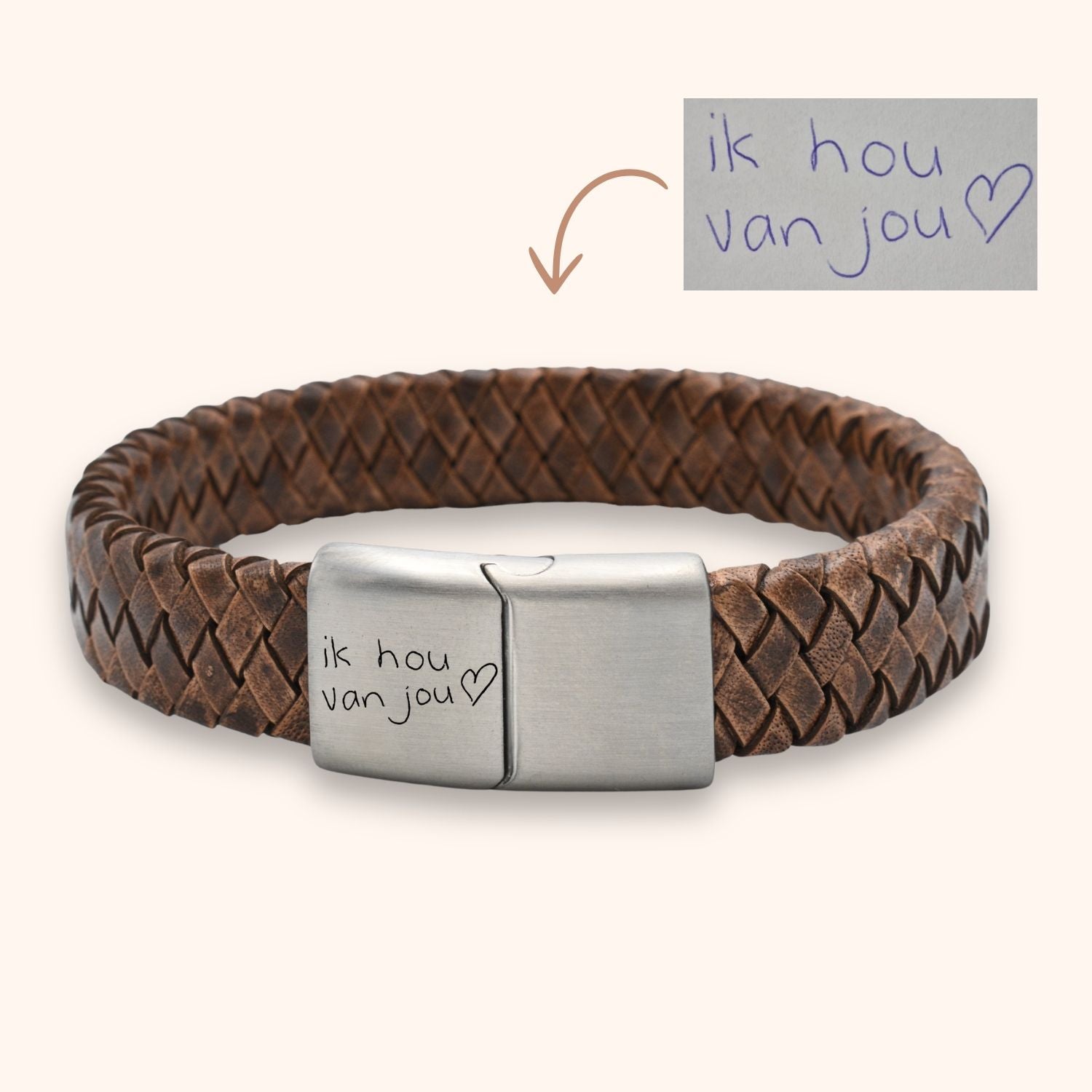 Heren armband leer eigen handschrift
