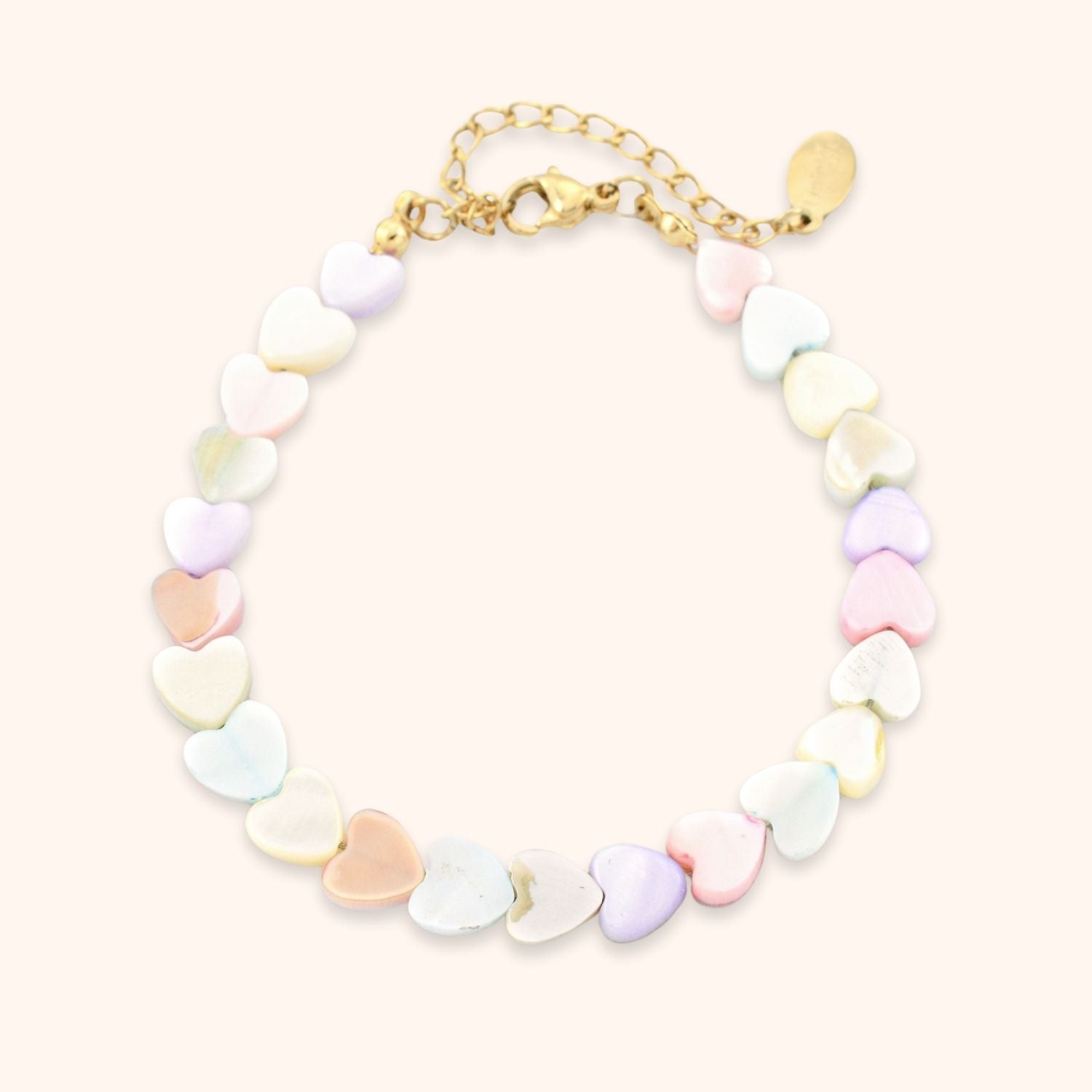 Armband goud hartjes schelpen kralen pastel rvs