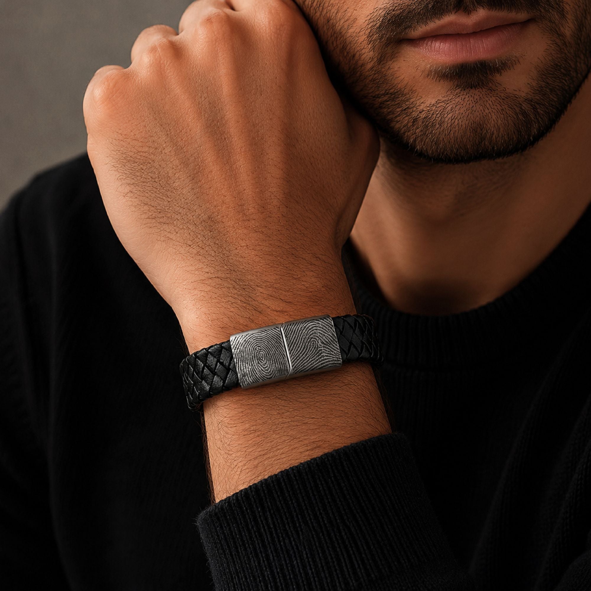Heren armband leer 2 vingerafdrukken Marijke