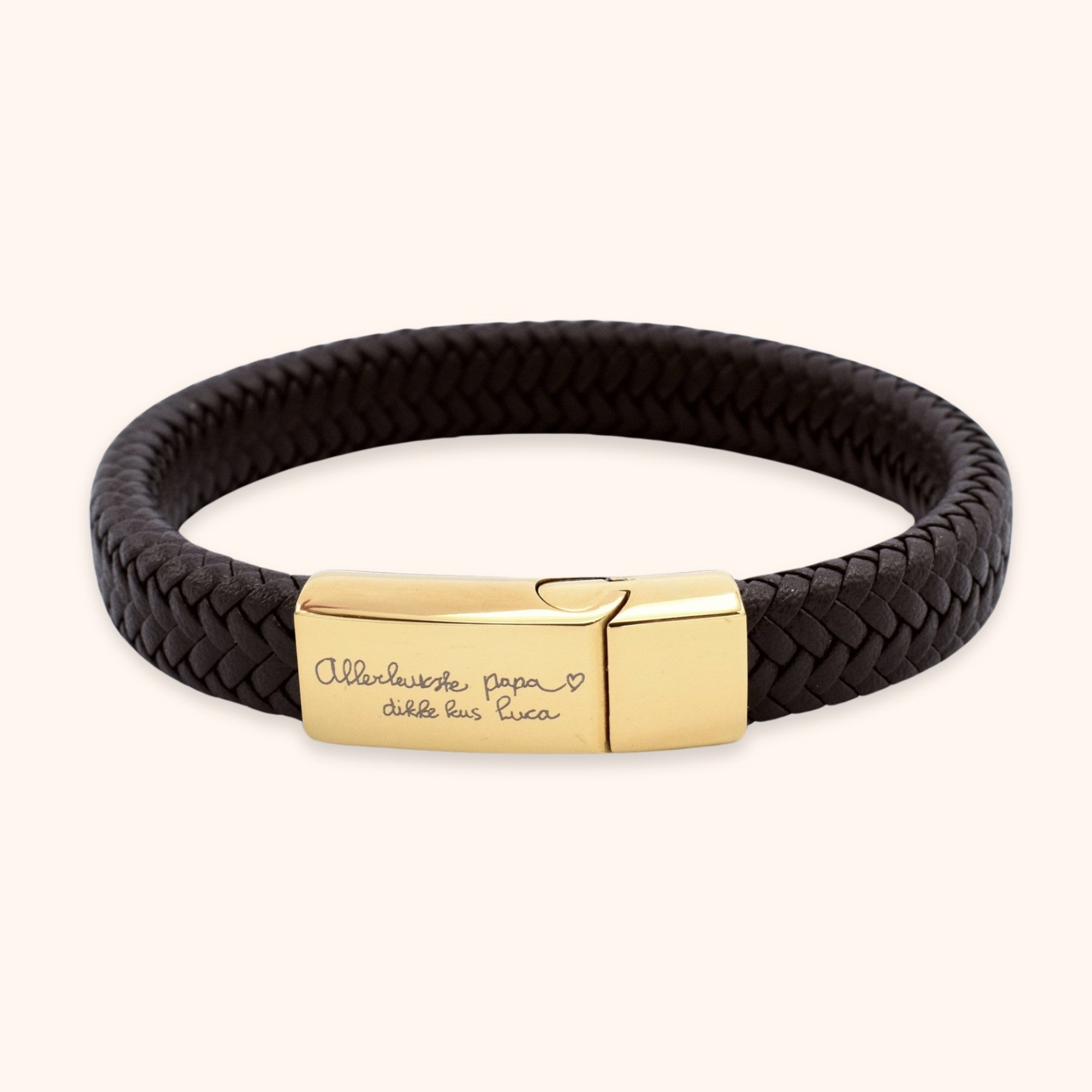Gepersonaliseerde leren armband mannen met handgeschreven tekst goud