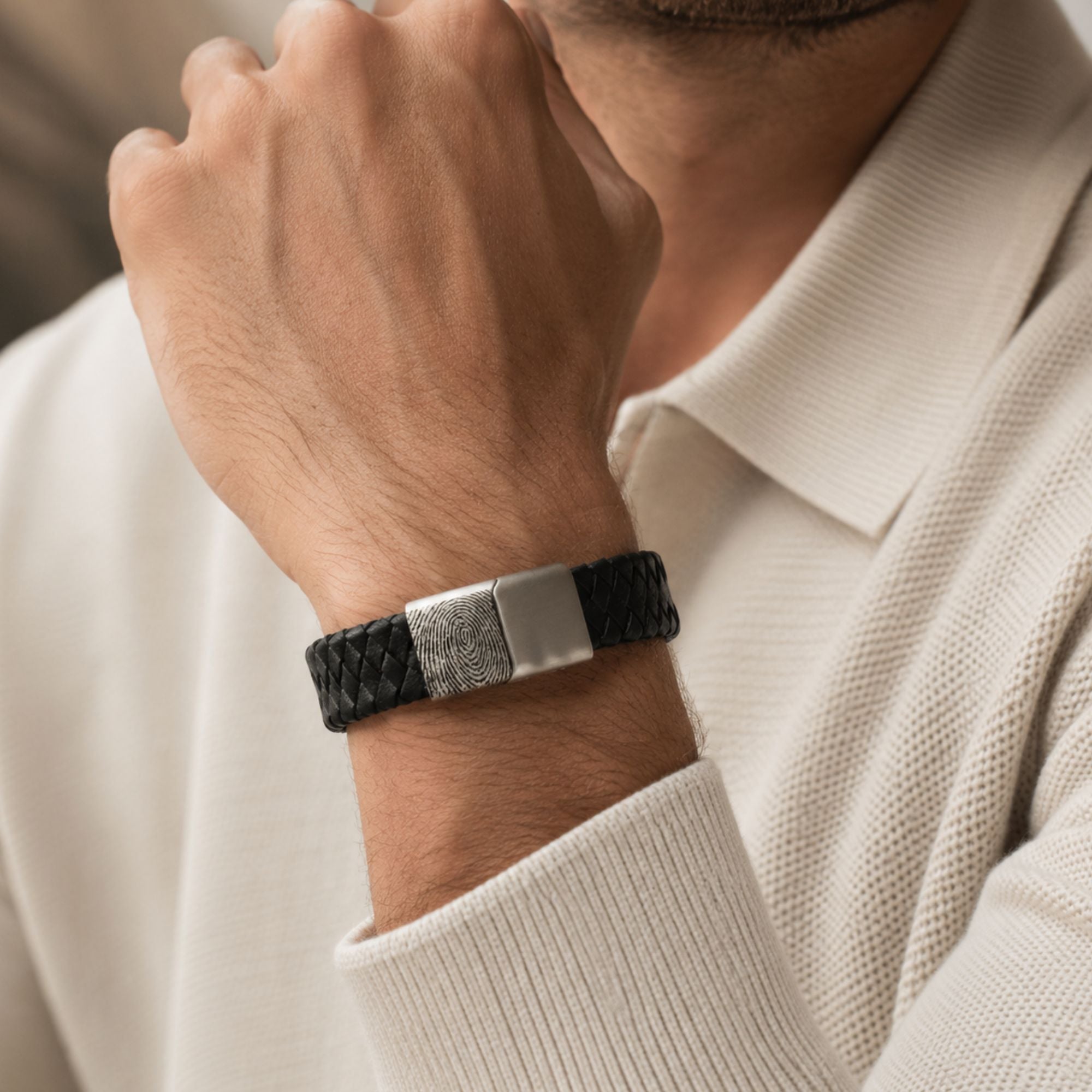 Heren armband leer vingerafdruk