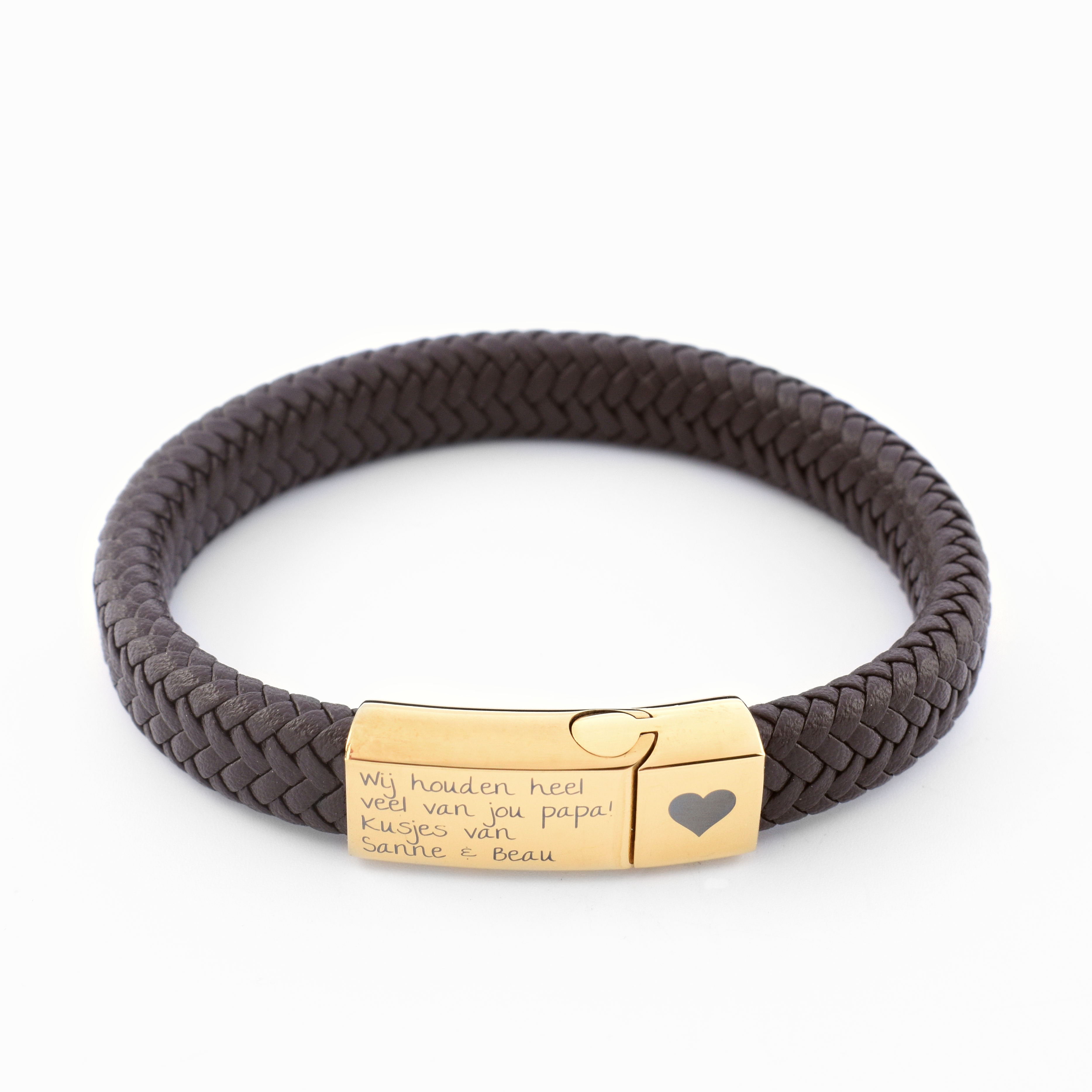 Lederen heren armband gepersonaliseerd eigen tekst bruin