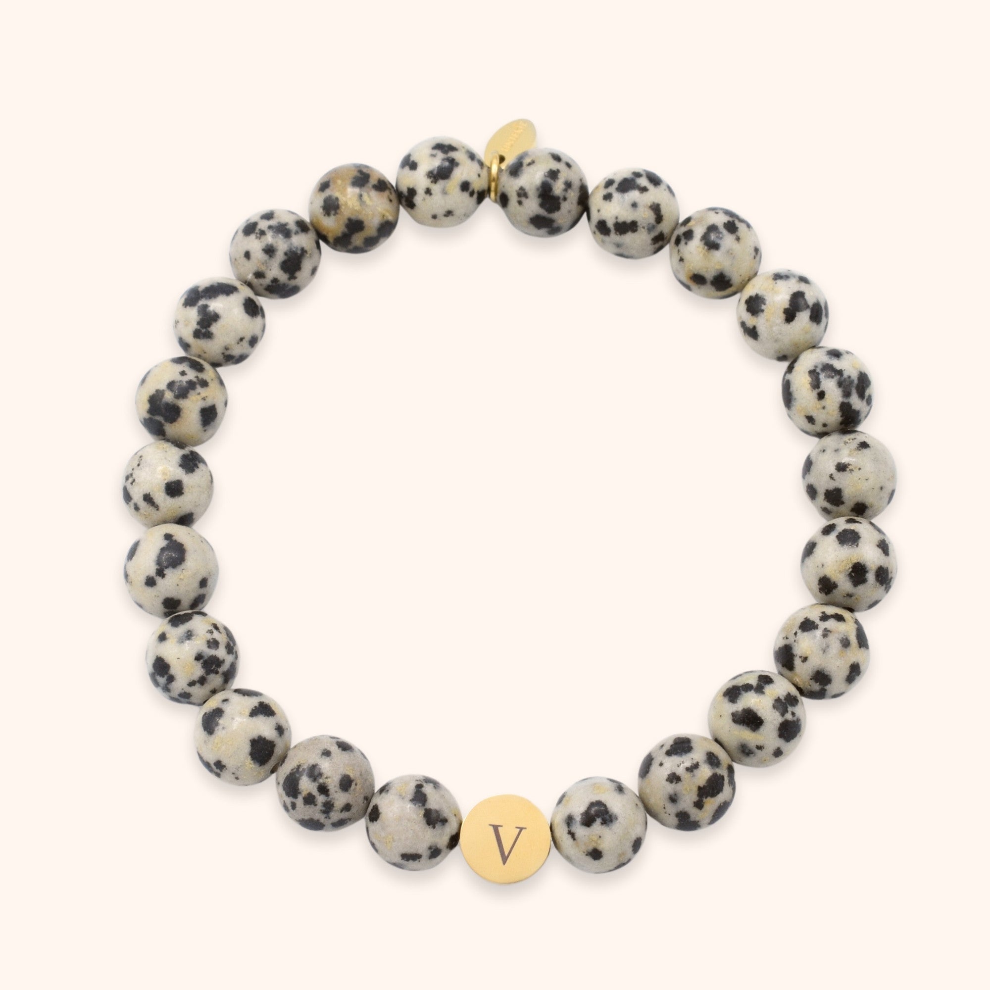 Persoonlijke heren kralenarmband natuursteen dalmatier jaspis gegraveerd met initialen goud