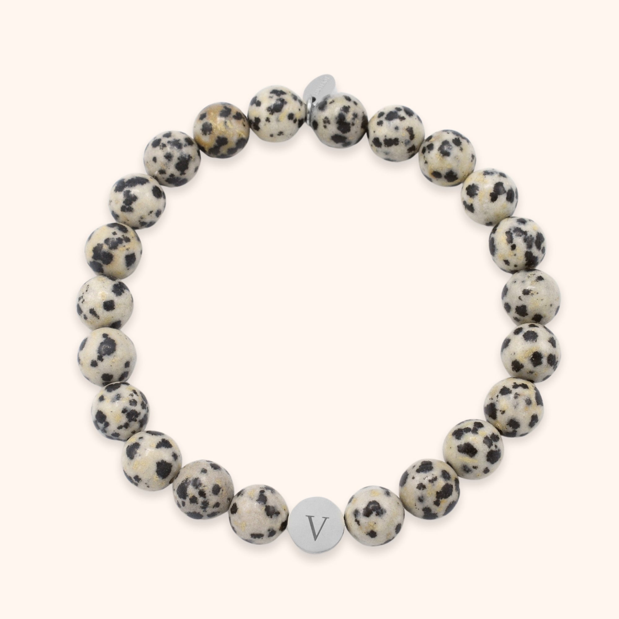 Persoonlijke heren kralenarmband natuursteen dalmatier jaspis gegraveerd met initialen zilver