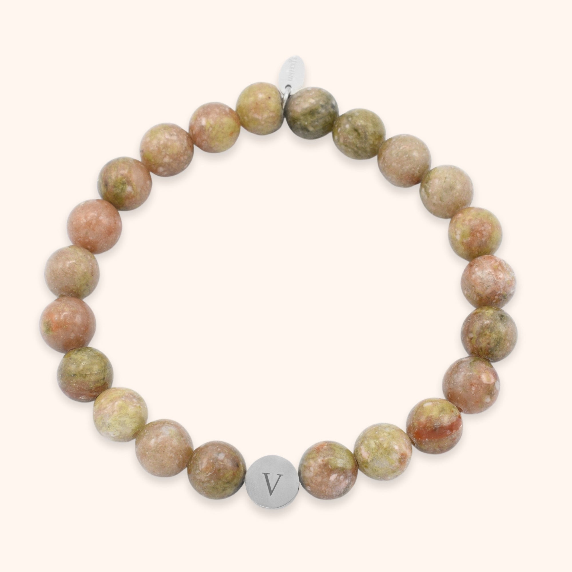 Persoonlijke heren kralenarmband natuursteen unakiet groen gegraveerd met initialen zilver