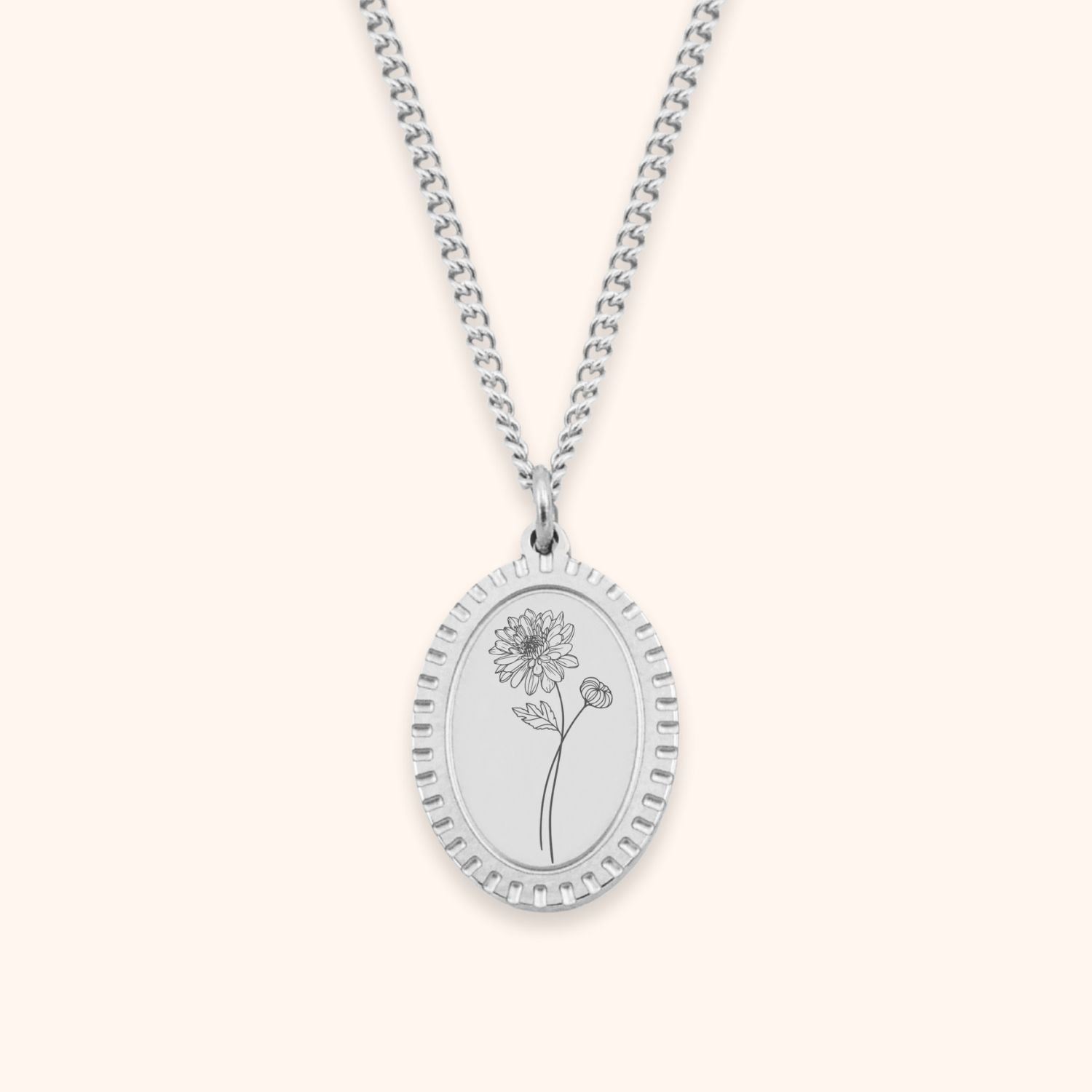 Dames ketting geboortebloem November gegraveerd op ovale hanger zilver rvs