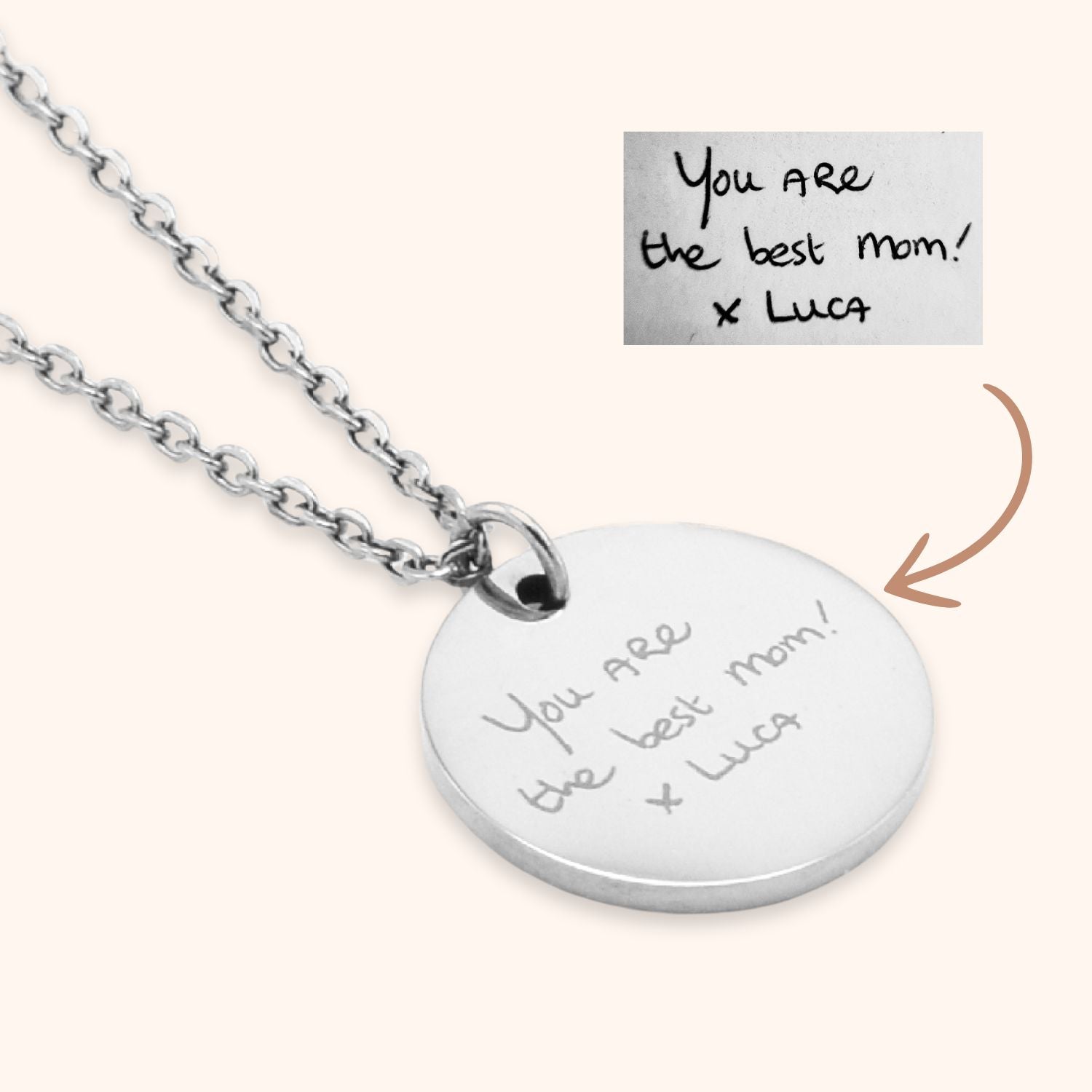 Ketting met munt handgeschreven eigen tekst graveren kleur zilver rvs