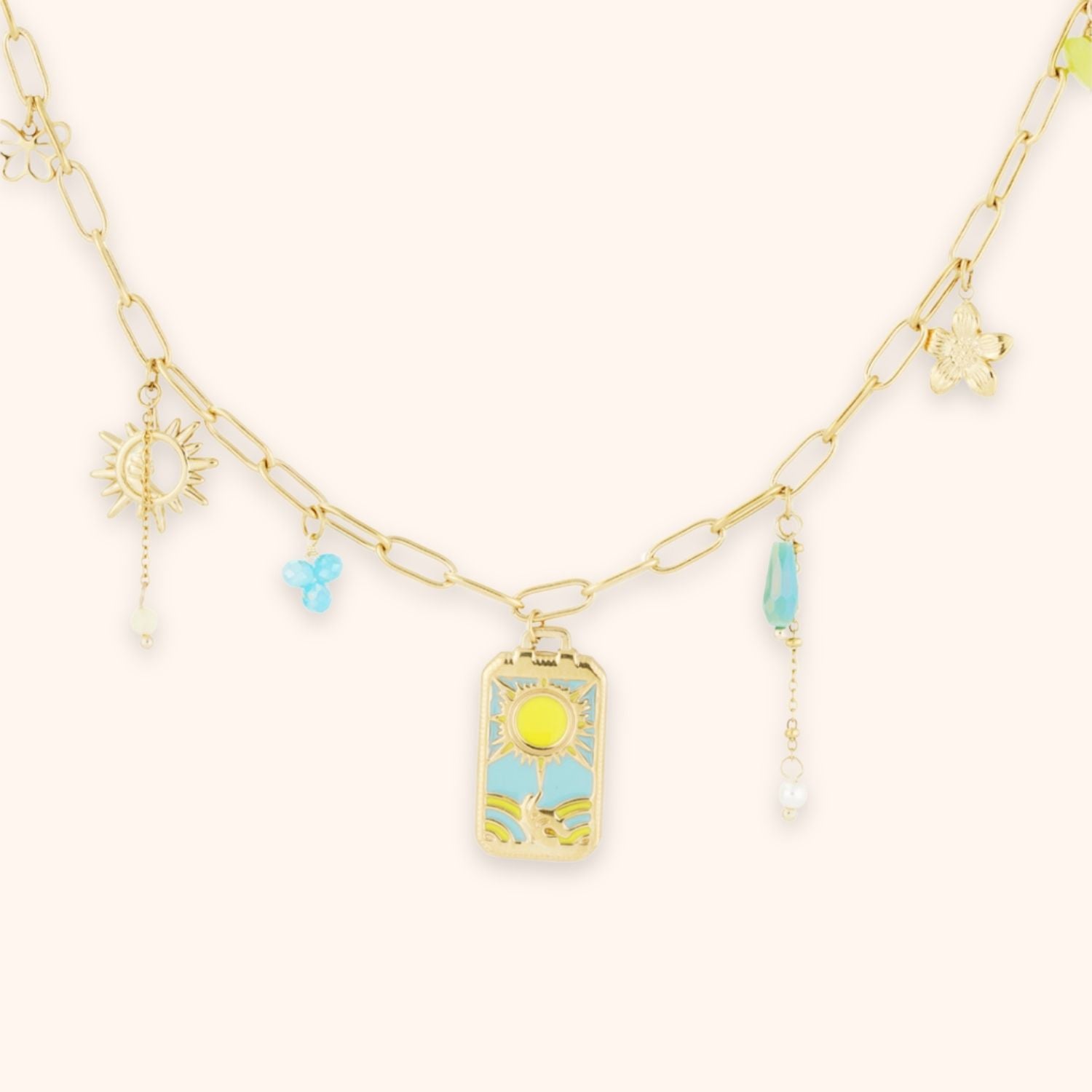 Kleurrijke bedel ketting zomer met zon bedel, bloem bedel, vlinder en blauwe kralen goud stainless steel