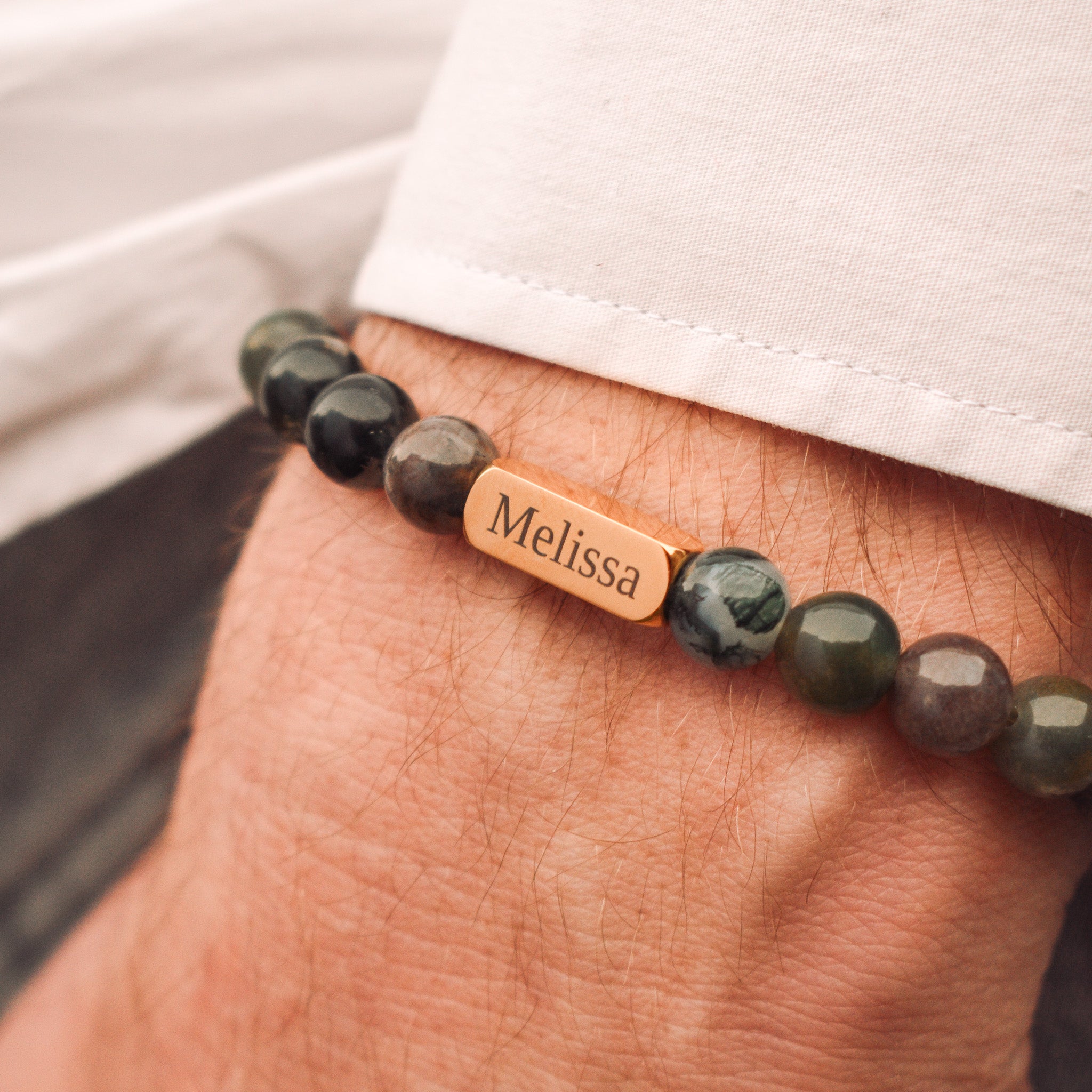 Gepersonaliseerde heren armband namen natuursteen kralen chalcedoon groen
