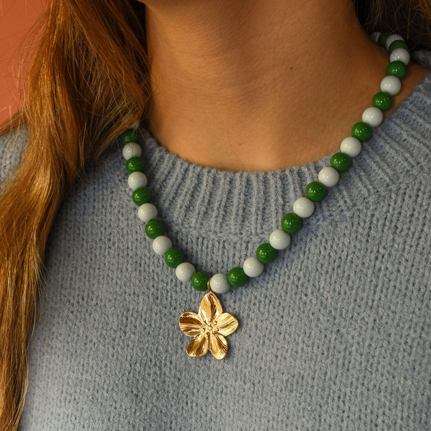 Kralen ketting bloem groen & blauw
