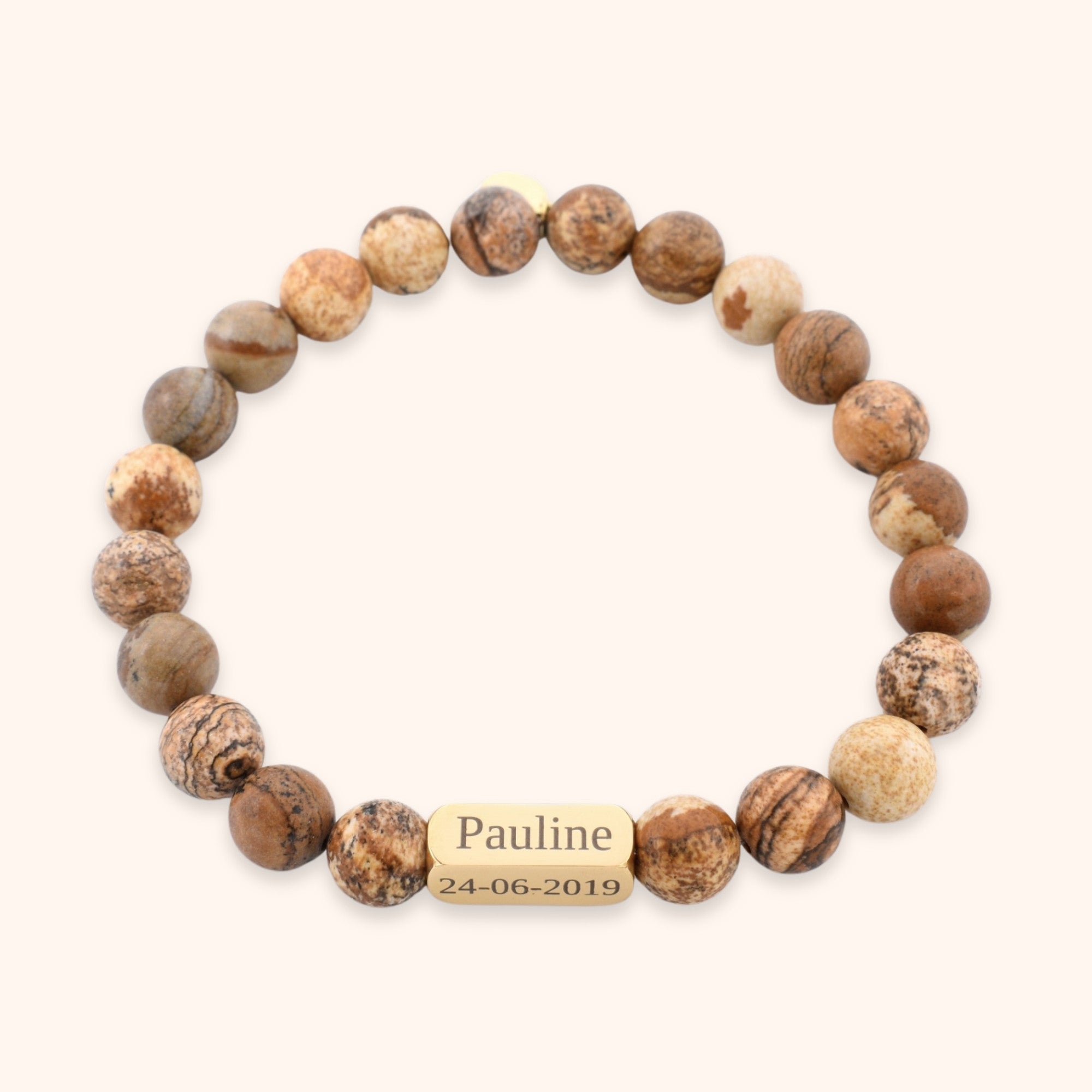 Gepersonaliseerde bruine jaspis natuursteen armband heren namen gegraveerd goud