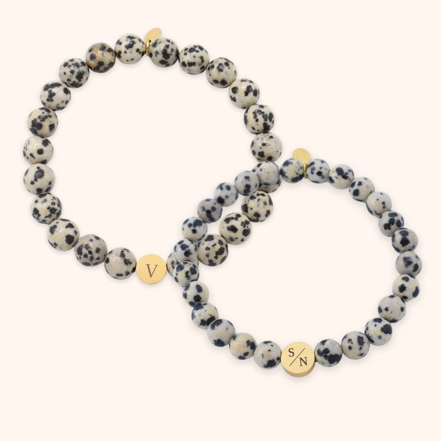 Dalmatiër jaspis armbanden set voor koppels gegraveerd met initialen goud stainless steel