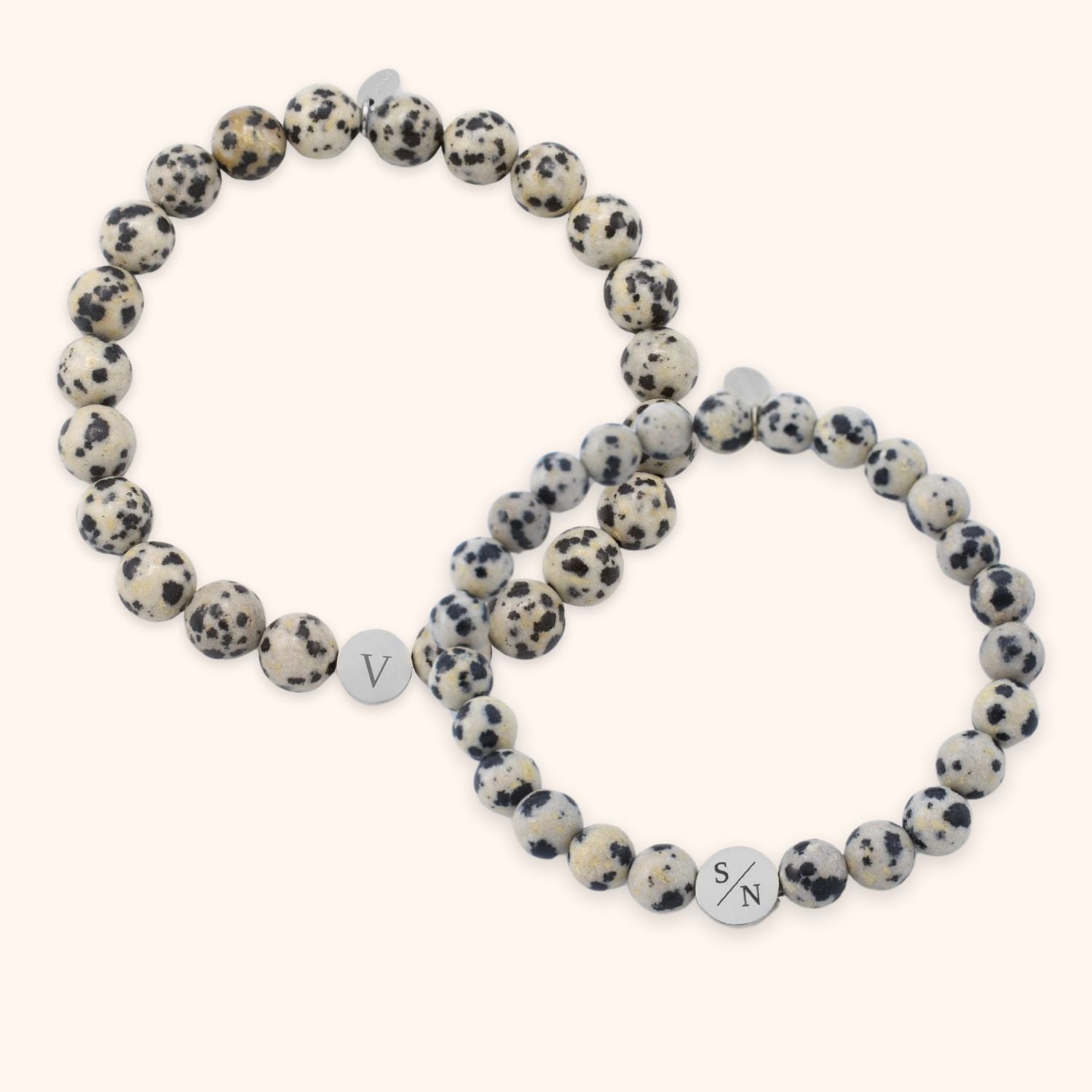 Dalmatiër jaspis armbanden set voor koppels gegraveerd met initialen zilver stainless steel